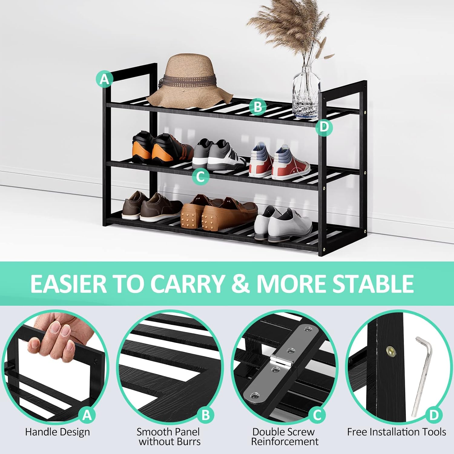 Jripae Bamboo Shoe Rack for Closet, Stackable 3 Tier Longer Shoe Organizer Shelf Holder Storage 12-15 Pairs for Entryway Door Hallway Bedroom Garage Space Saving Foldable Black