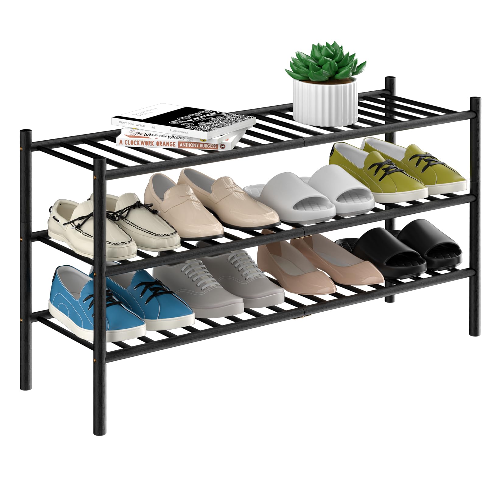 ROMGUAR CRAFT 3 Tier Bamboo Shoe Rack for Closet Free Standing Wood Shoe Shelf Storage Organizer for Entryway Small Space Stackable 27"x11"x20" (Black)