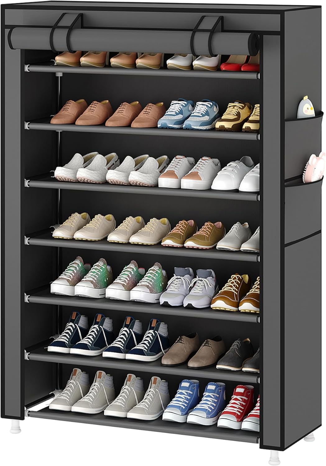 Laiensia 7-Tier Vertical Shoe Rack Organizer, Space Saving Shoe Storage Organizer, Non-Woven Cover Shoe Shelf Holds 28-35 Pairs for Bedroom, Hallway, Closet Entryway, Grey