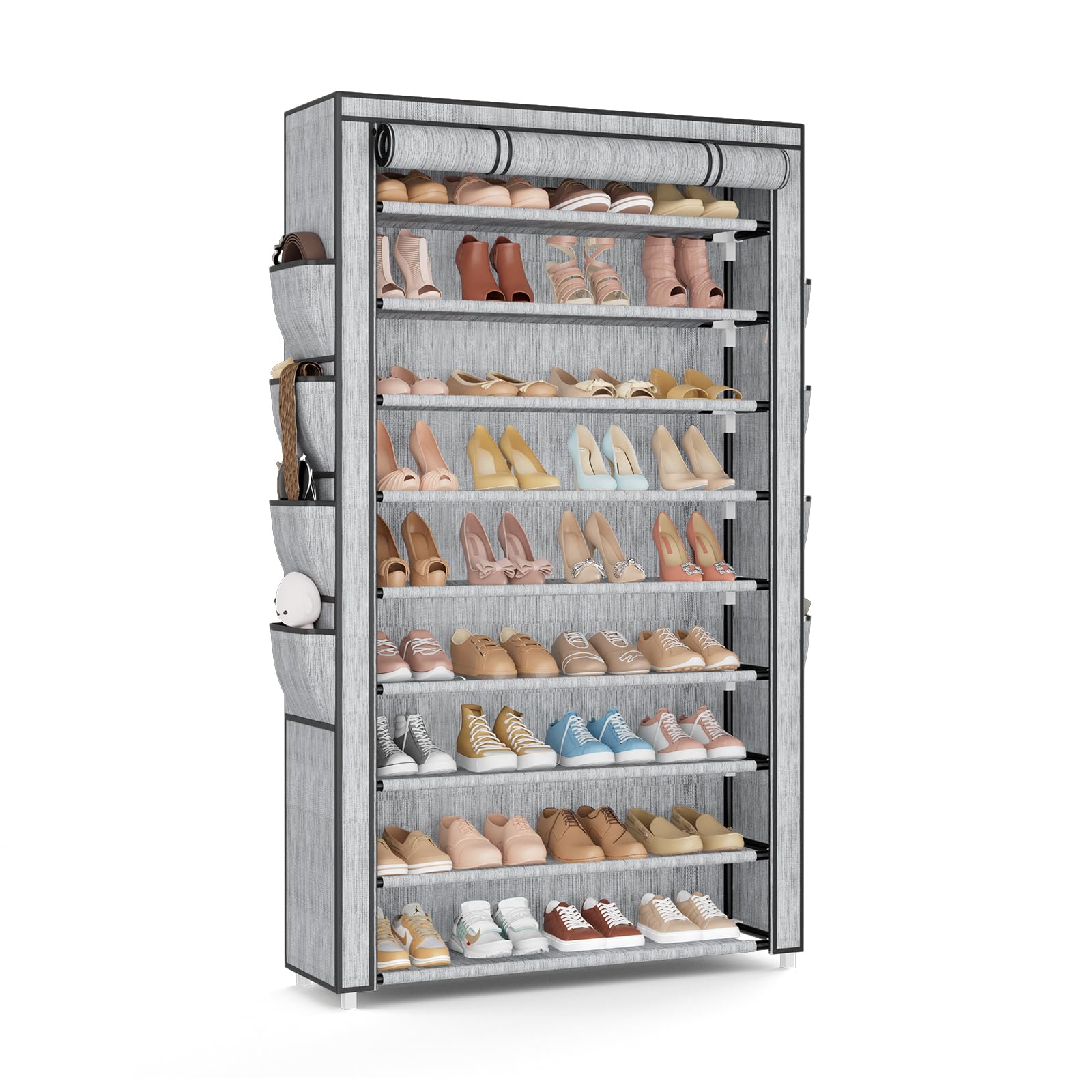 Shoe Rack with Cover, 10 Tier Shoe Organizer Storage for 40-50 Pairs Sneaker and Boots, Large Capacity, with 8 Pockets, Free Standing Tall Shoe Rack for Front Door Entrance, Closet