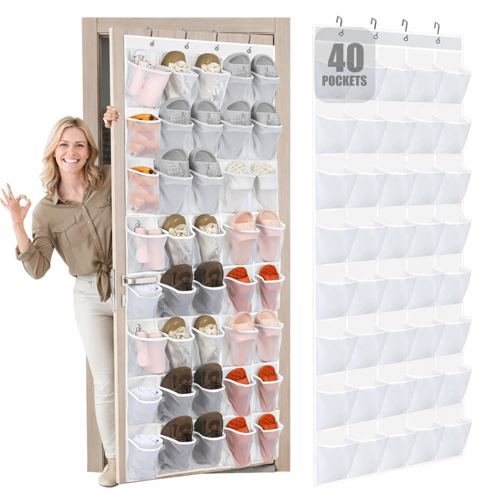 Windyun 40 Over The Door Shoe Organizer, Large Mesh Pocket Hanging Shoe Rack Hanger Large Capacity Gray Behind The Door Storage Holder for Dorm College Closet Entryway Bedroom Utility Room Women Men