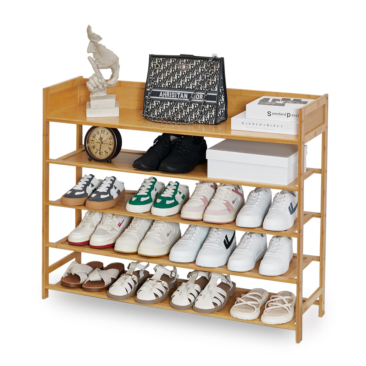 Shoe Rack Organizer, 5 Tier Bamboo Shoe Rack for Entryway, Front Door for Entryway,Closet and Bedroom Storage, Shoe Shelf（Brown）