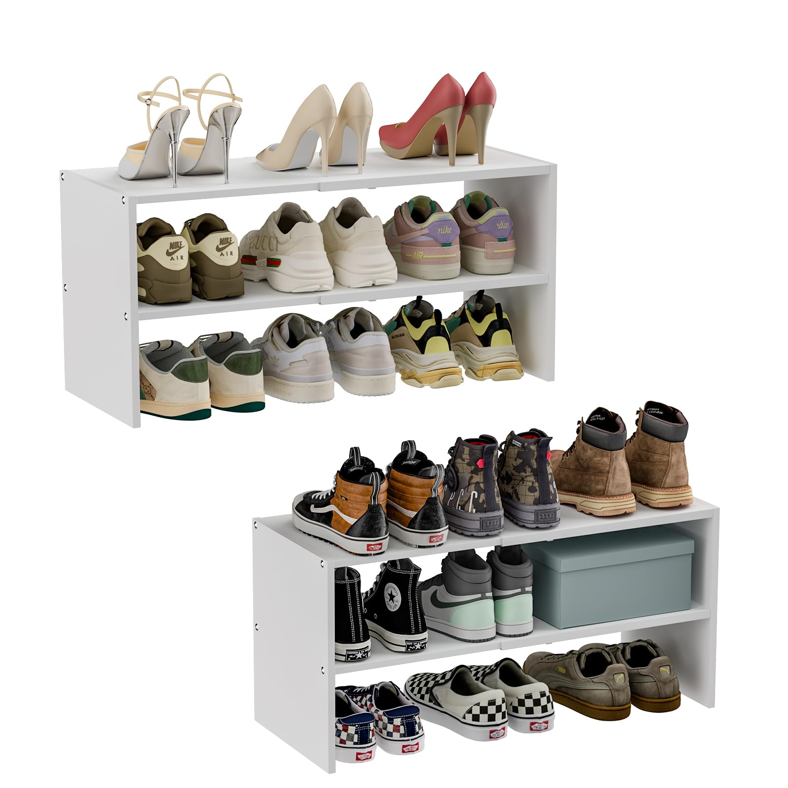 White Shoe Rack Organizer for Closet, 2-Tier Expandable Shoe Shelf, Stackable Iron Wood Combination Small Shoe Racks Shelves for Closets, Entryway,Small Space,Hallway,Bedroom,Bathroom,6-12 Pairs