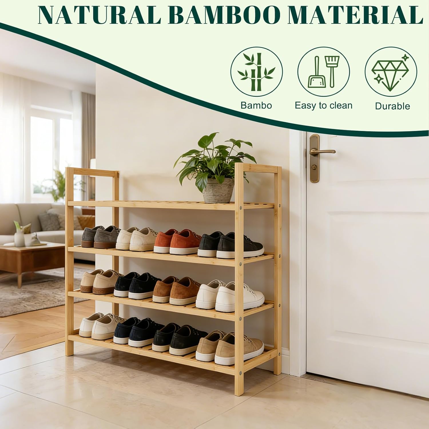 4 Tier Bamboo Wooden Shoe Rack for Closet & Entryway, Free Standing Shoe Rack Stand Organizer Shelf for Garage, Bedroom, Small Space Storage, Stackable