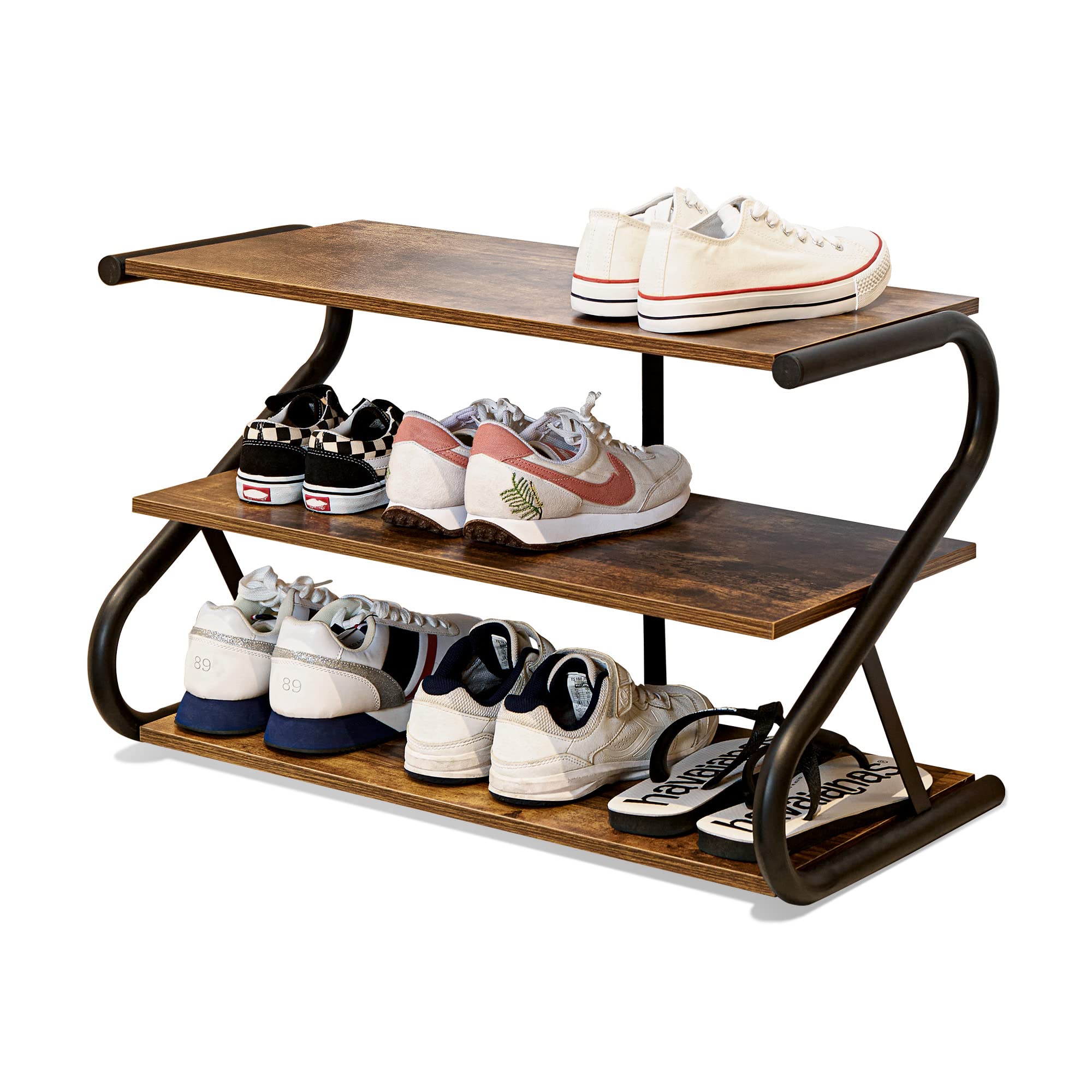 Small 3-Tier Shoe Rack, Z-Frame Wooden Shoe Shelf with Durable Metal Shelves for Hallway, Living Room, Closet, Bedroom (17.2”)