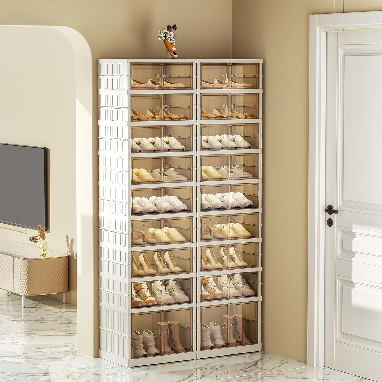 SYNCVIBE Collapsible Shoe Rack Organizer 9 Tiers-36 Pairs Foldable Shoe Cabinet with Doors, Large Plastic Folding Shoe Cabinet, Easy Assembly Shoe Shelves Organizer for Entryway, Living Room