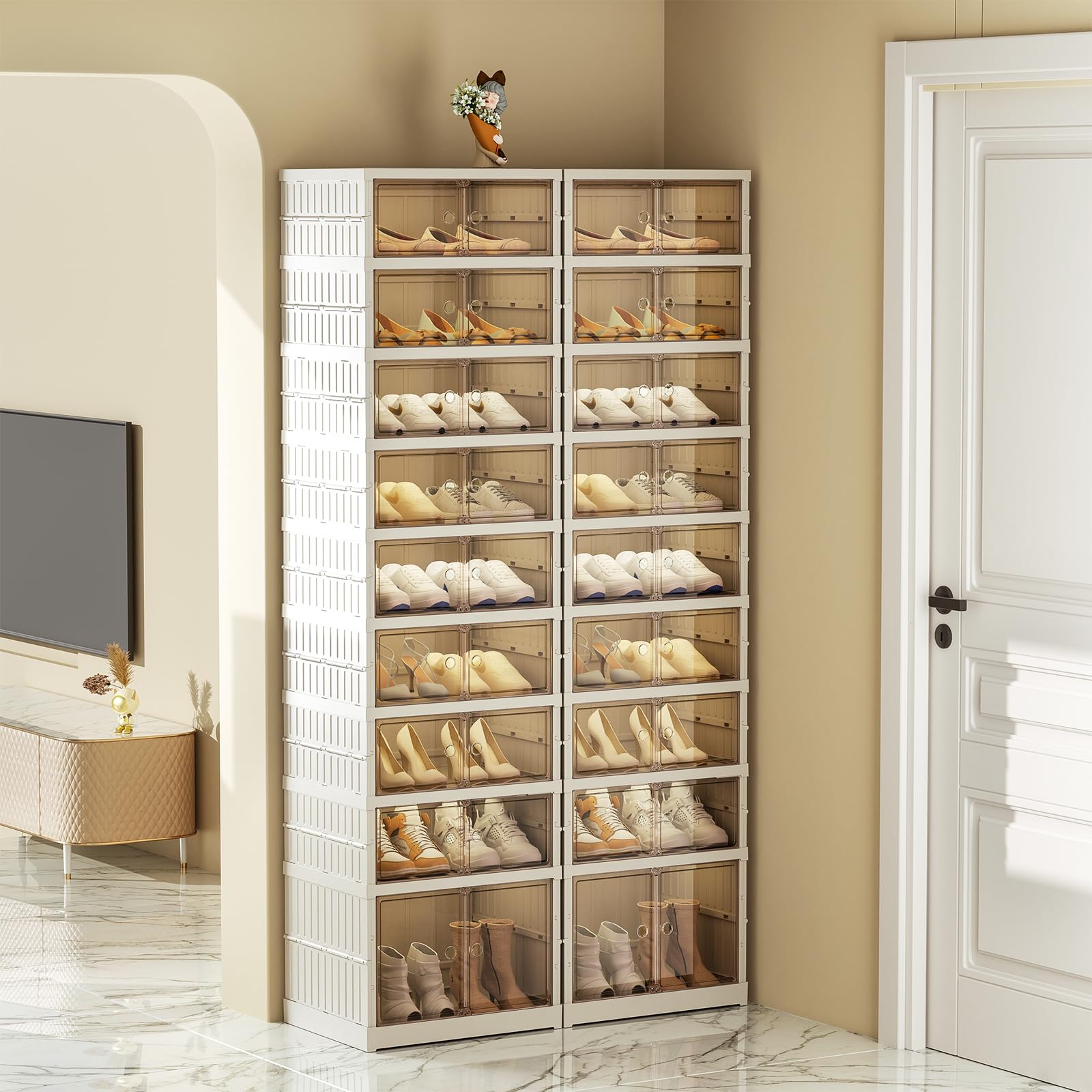 SYNCVIBE Collapsible Shoe Rack Organizer 9 Tiers-36 Pairs Foldable Shoe Cabinet with Doors, Large Plastic Folding Shoe Cabinet, Easy Assembly Shoe Shelves Organizer for Entryway, Living Room