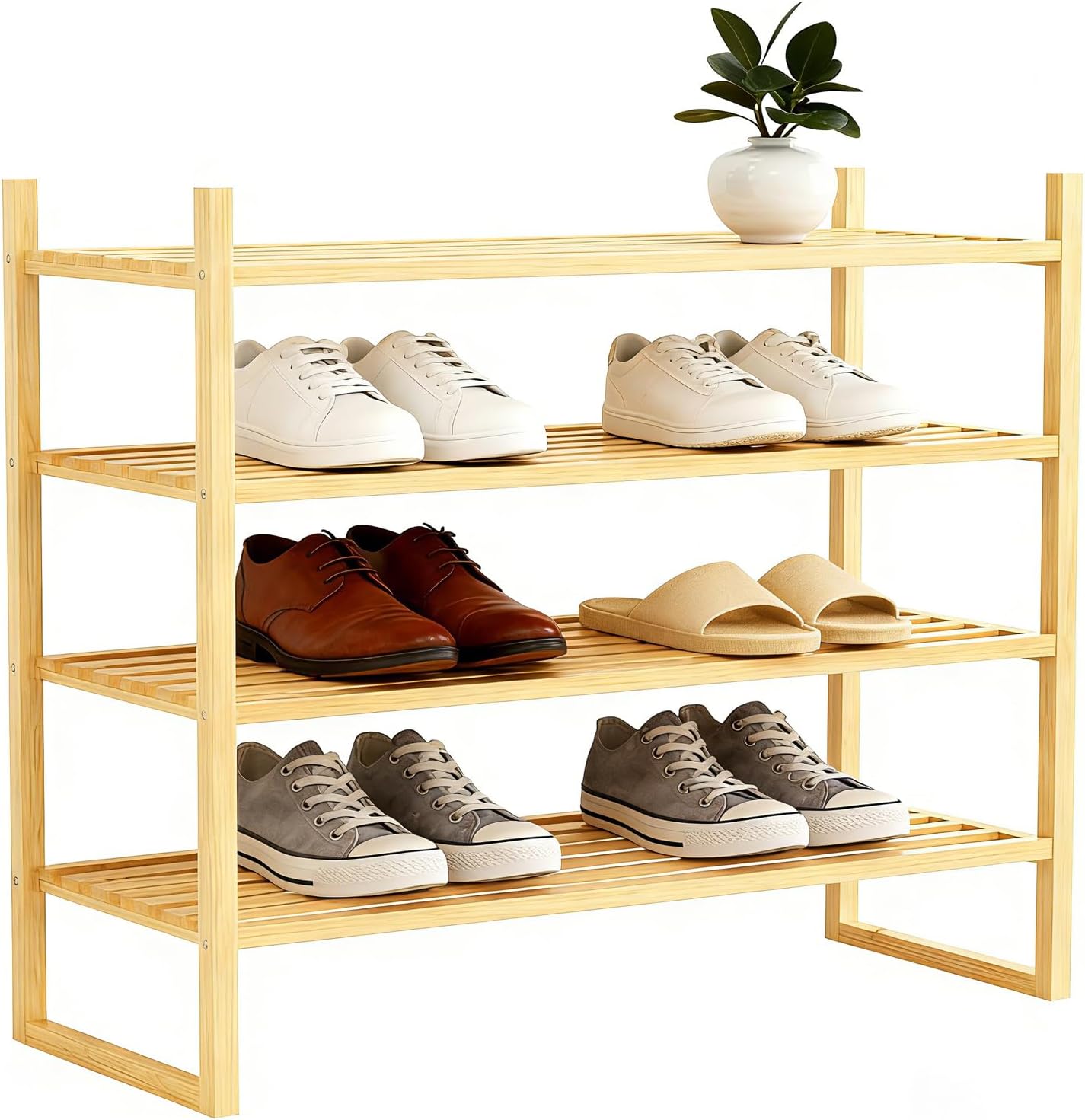 4 Tier Bamboo Wooden Shoe Rack for Closet & Entryway, Free Standing Shoe Rack Stand Organizer Shelf for Garage, Bedroom, Small Space Storage, Stackable