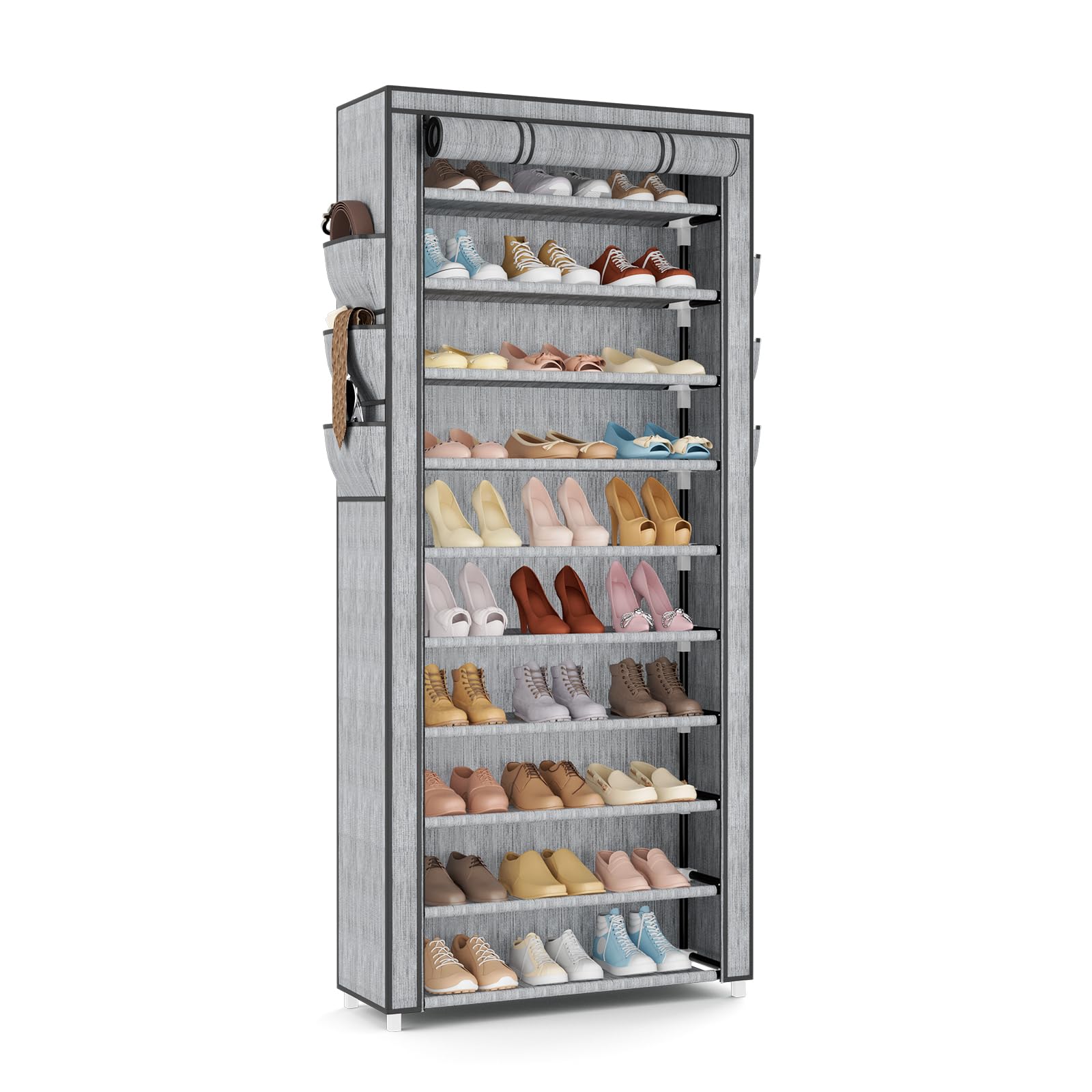 VTRIN Vertical Narrow Shoe Rack Organizer Tall Shoe Rack for Closet Entryway 10 Tier Non-Woven Cover Shoe Shelf Holds 36-41 Pairs Free Standing Shoe Storage Cabinet with Dustproof Cover, White