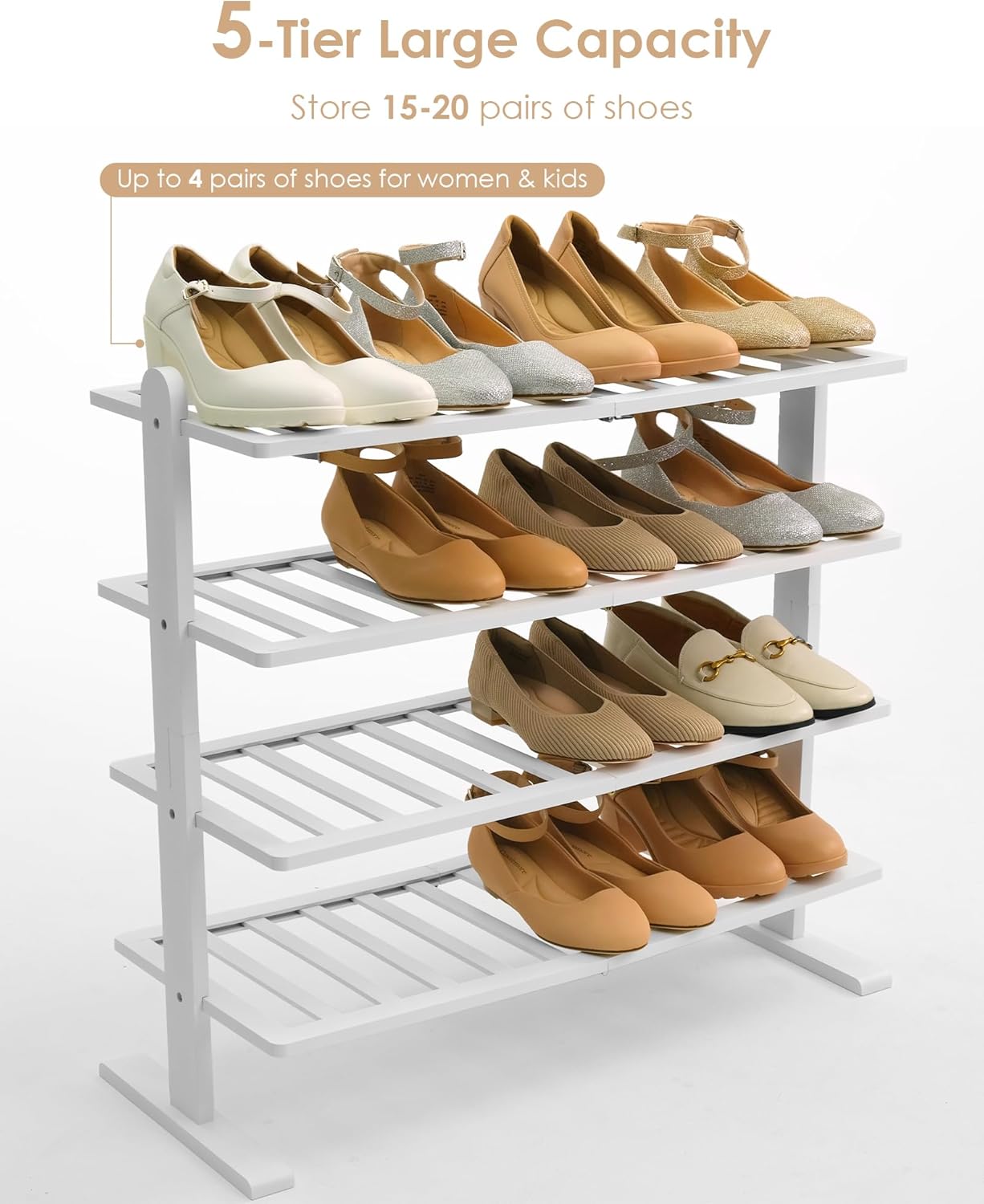 Varhomax White Shoe Rack, 4-Tier Bamboo Shoe Rack Organizer for Closet and Entryway, Thick Wooden Free Standing Shoe Shelf for Small Spaces, Sturdy & Versatile for Bedroom and Garage
