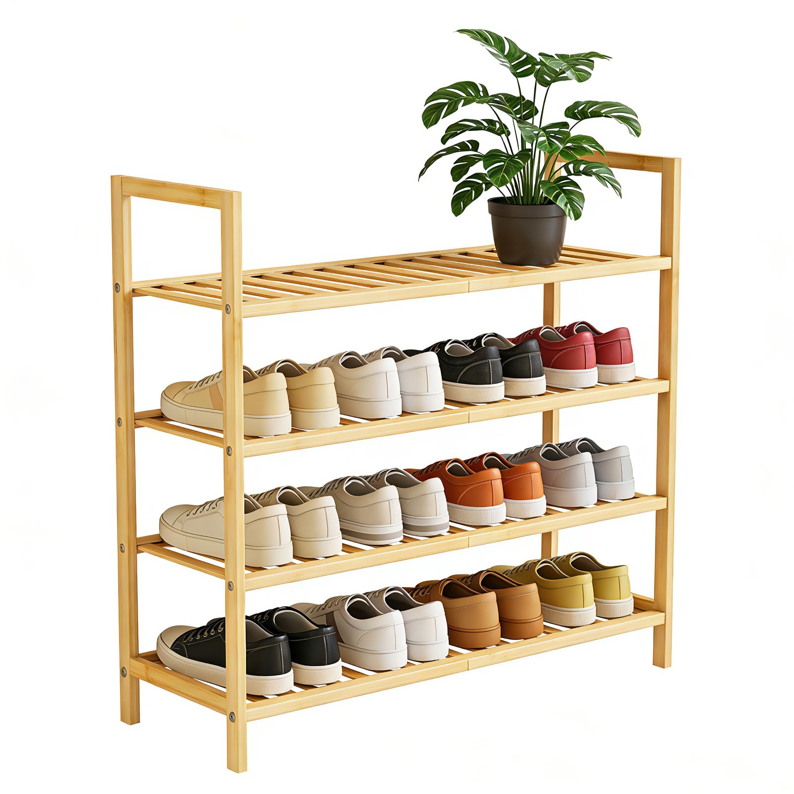 4 Tier Bamboo Wooden Shoe Rack for Closet & Entryway, Free Standing Shoe Rack Stand Organizer Shelf for Garage, Bedroom, Small Space Storage, Stackable