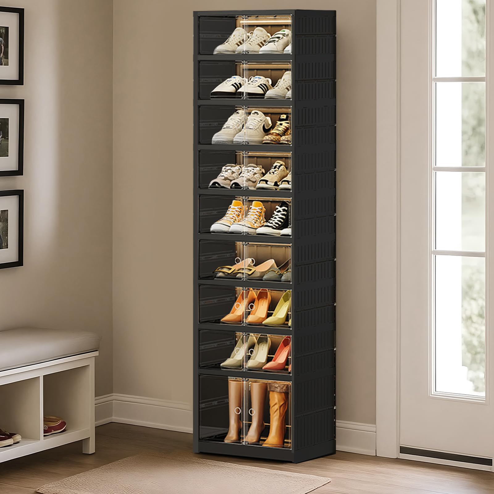 SYNCVIBE Collapsible Shoe Rack Organizer 9 Tiers-36 Pairs Foldable Shoe Cabinet with Doors, Large Plastic Folding Shoe Cabinet, Easy Assembly Shoe Shelves Organizer for Entryway, Living Room