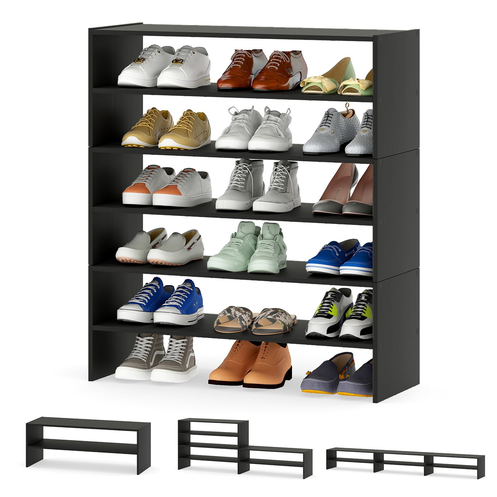 Tangkula 6-Tier Stackble Shoe Rack for Closet, Space Saving Wooden Corner Shoe Storage Shelf for 18 Pairs, 3-in-1 Adjustable White Shoe Organizer for Front Door Entryway