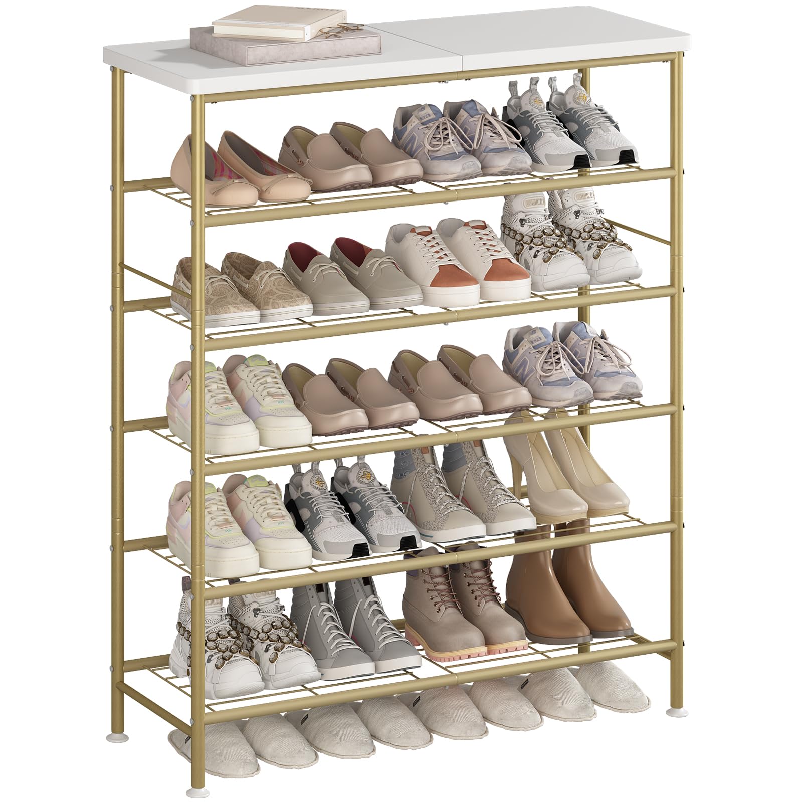 SUOERNUO Shoe Rack Organizer 5 Tier for Closet Entryway Free Standing Metal Storage Shoe Shelf with MDF Top Board，White+Oak
