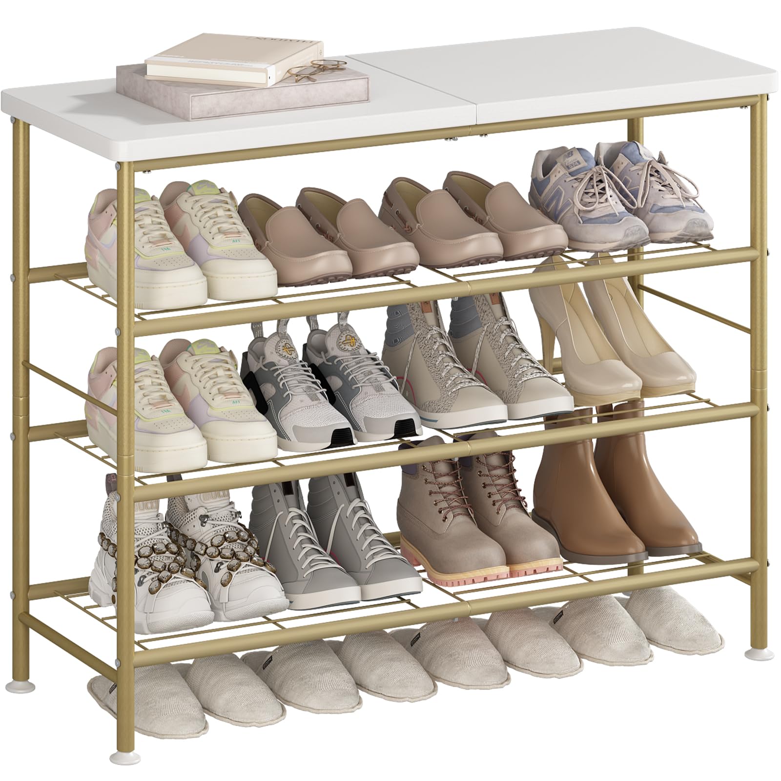 SUOERNUO Shoe Rack Organizer 5 Tier for Closet Entryway Free Standing Metal Storage Shoe Shelf with MDF Top Board，White+Oak