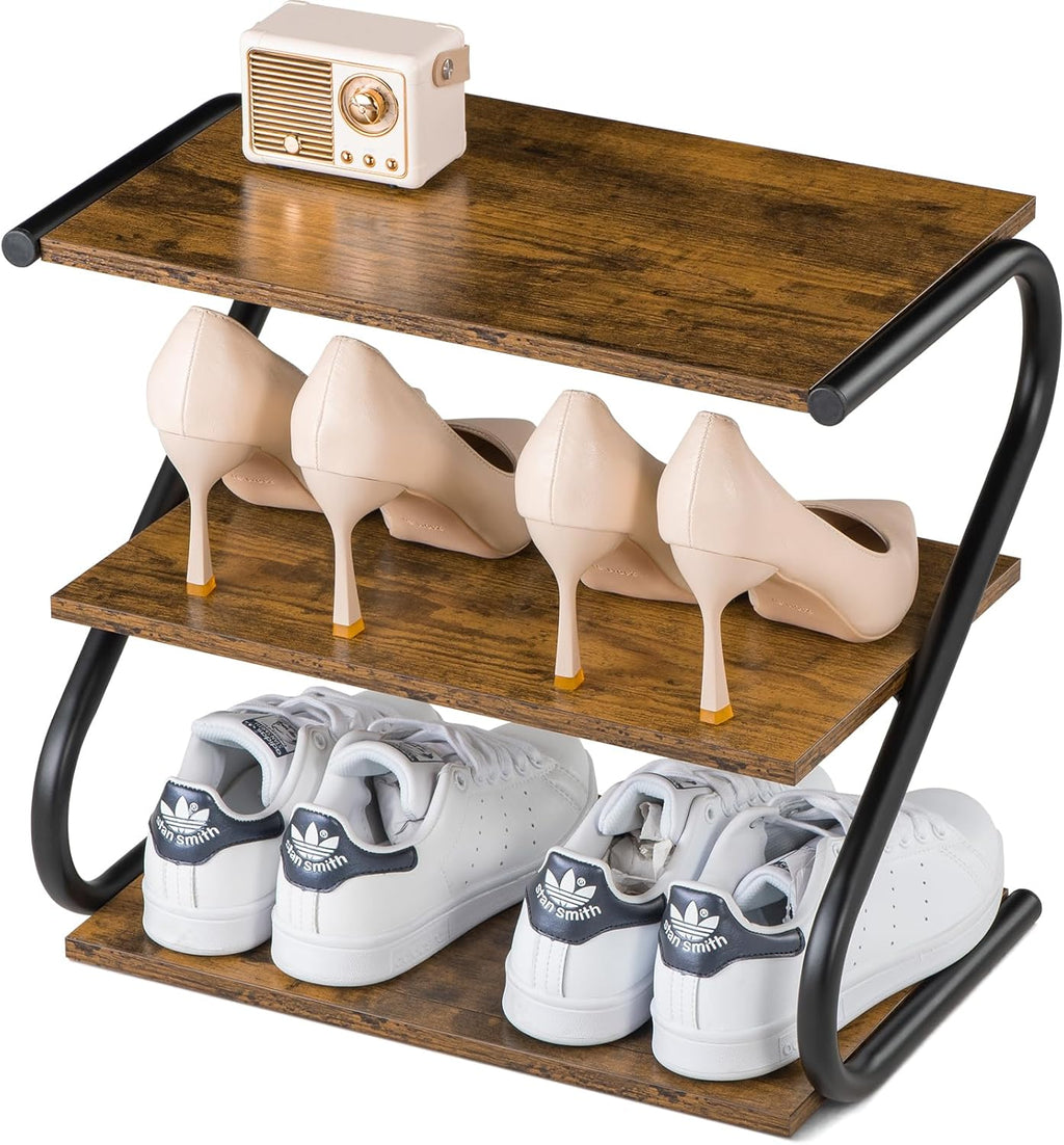 Small 3-Tier Shoe Rack, Z-Frame Wooden Shoe Shelf with Durable Metal Shelves for Hallway, Living Room, Closet, Bedroom (17.2”)