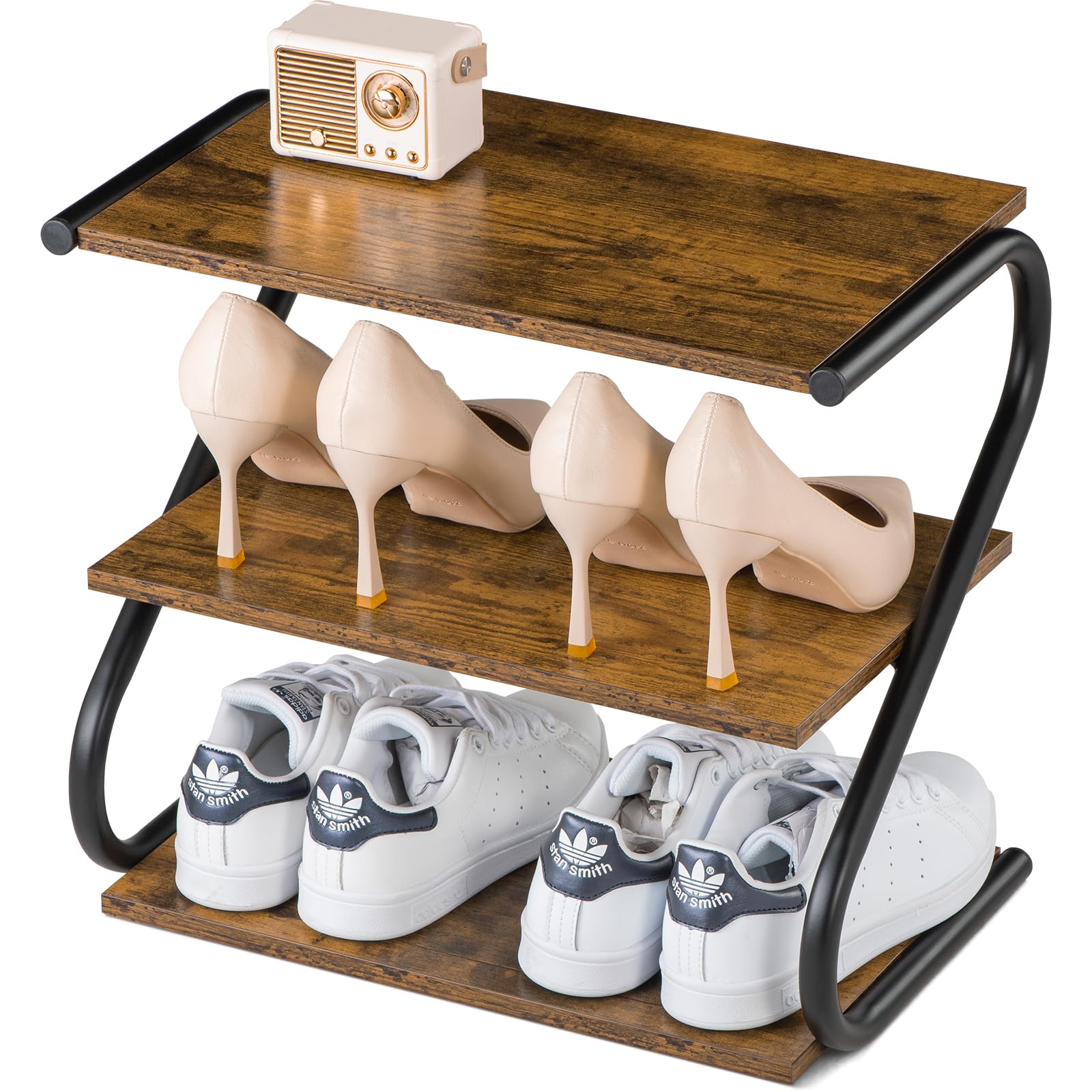 Small 3-Tier Shoe Rack, Z-Frame Wooden Shoe Shelf with Durable Metal Shelves for Hallway, Living Room, Closet, Bedroom (17.2”)