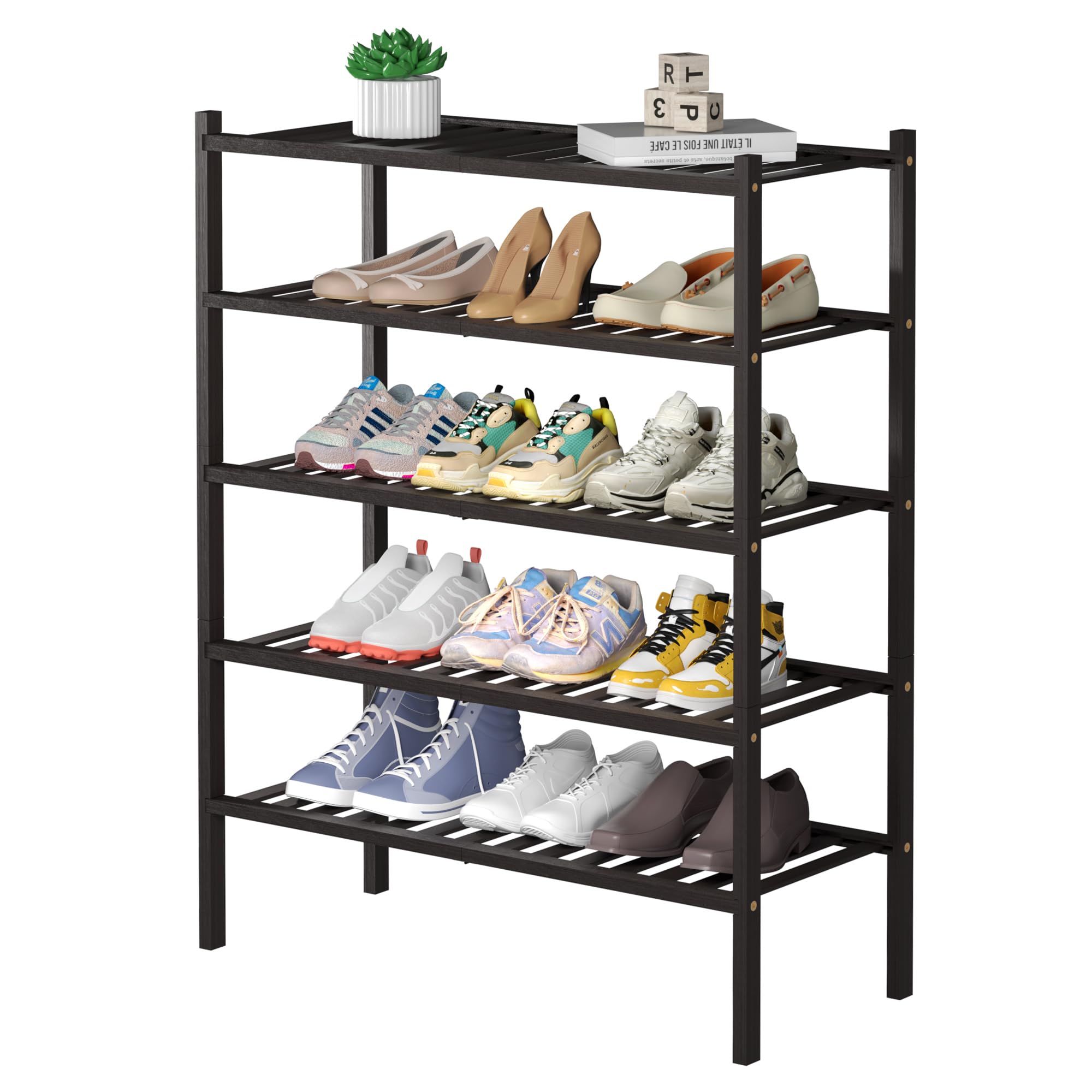 ROMGUAR CRAFT 3 Tier Bamboo Shoe Rack for Closet Free Standing Wood Shoe Shelf Storage Organizer for Entryway Small Space Stackable 27"x11"x20" (Black)