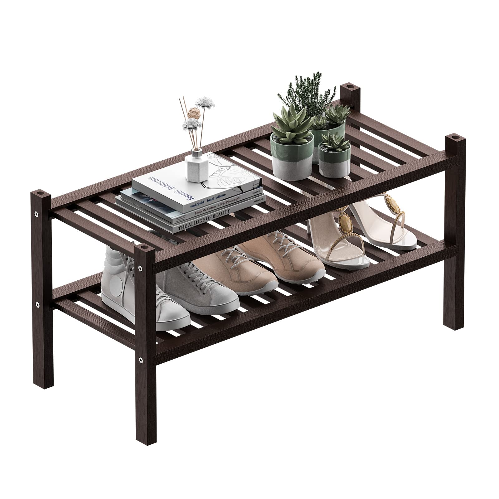 ROMGUAR CRAFT 3 Tier Bamboo Shoe Rack for Closet Free Standing Wood Shoe Shelf Storage Organizer for Entryway Small Space Stackable 27"x11"x20" (Black)