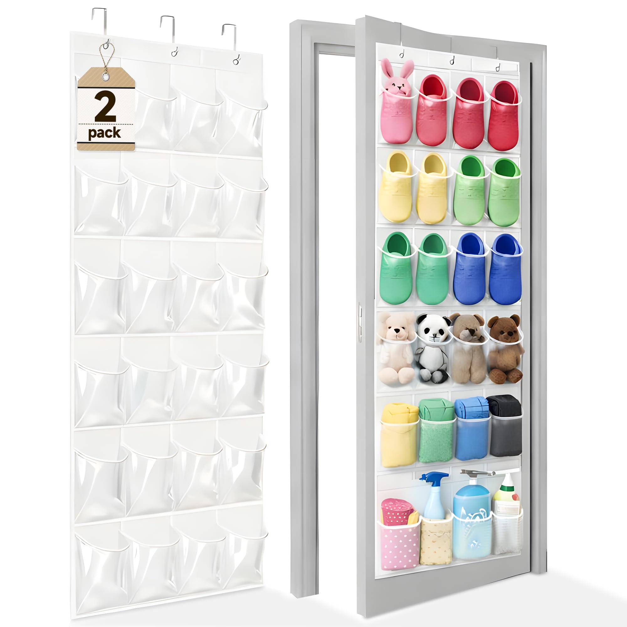 Over the Door Shoe Organizer with 24 Crystal Clear Pockets and Metal Hooks – Heavy Duty Hanging Shoe Storage Rack for Closet, Bathroom, Dorm – Space Saving for Shoes, Accessories, Toys (White)