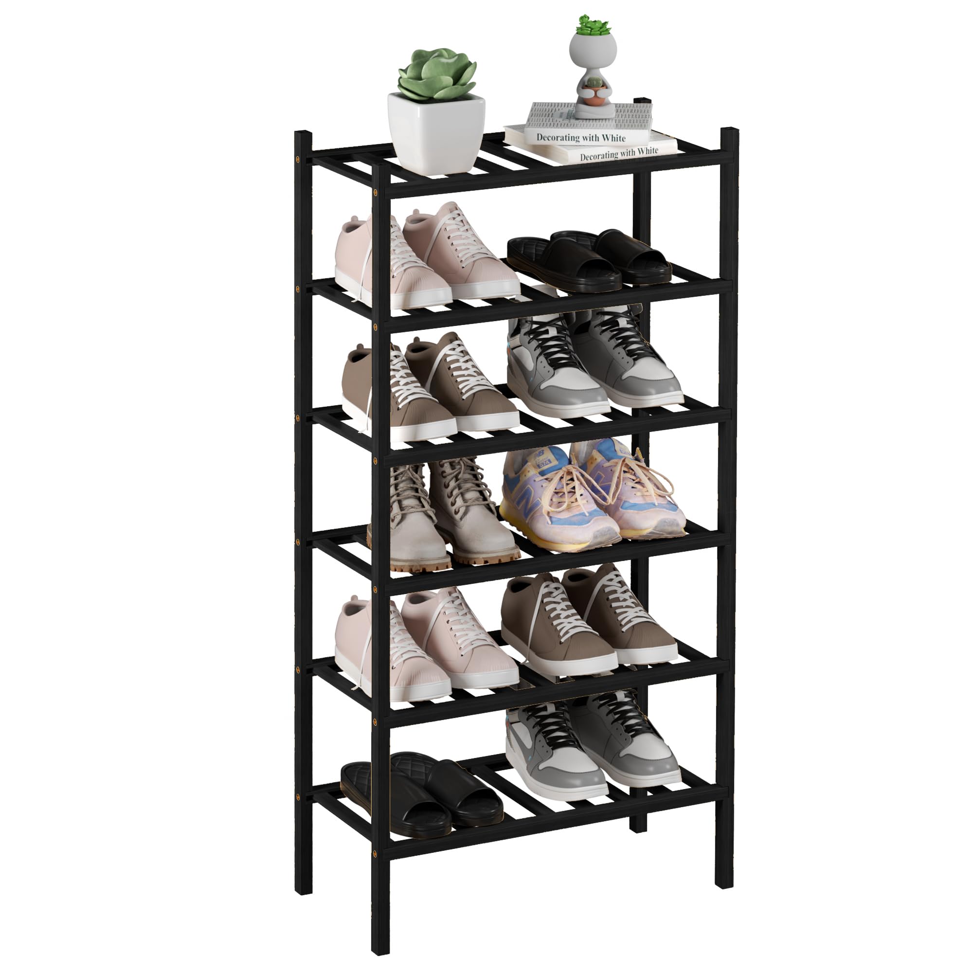 ROMGUAR CRAFT 3 Tier Bamboo Shoe Rack for Closet Free Standing Wood Shoe Shelf Storage Organizer for Entryway Small Space Stackable 27"x11"x20" (Black)