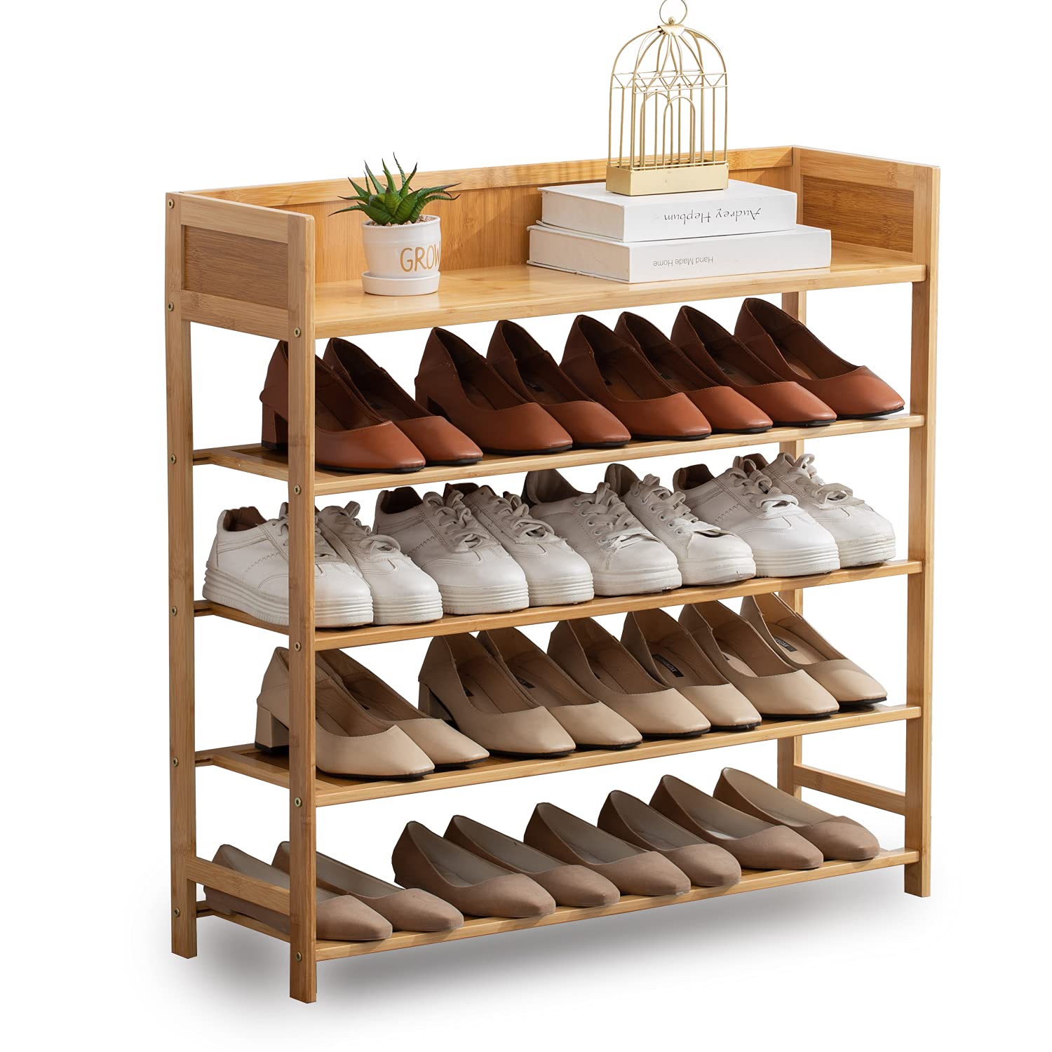 Shoe Rack Organizer, 5 Tier Bamboo Shoe Rack for Entryway, Front Door for Entryway,Closet and Bedroom Storage, Shoe Shelf（Brown）