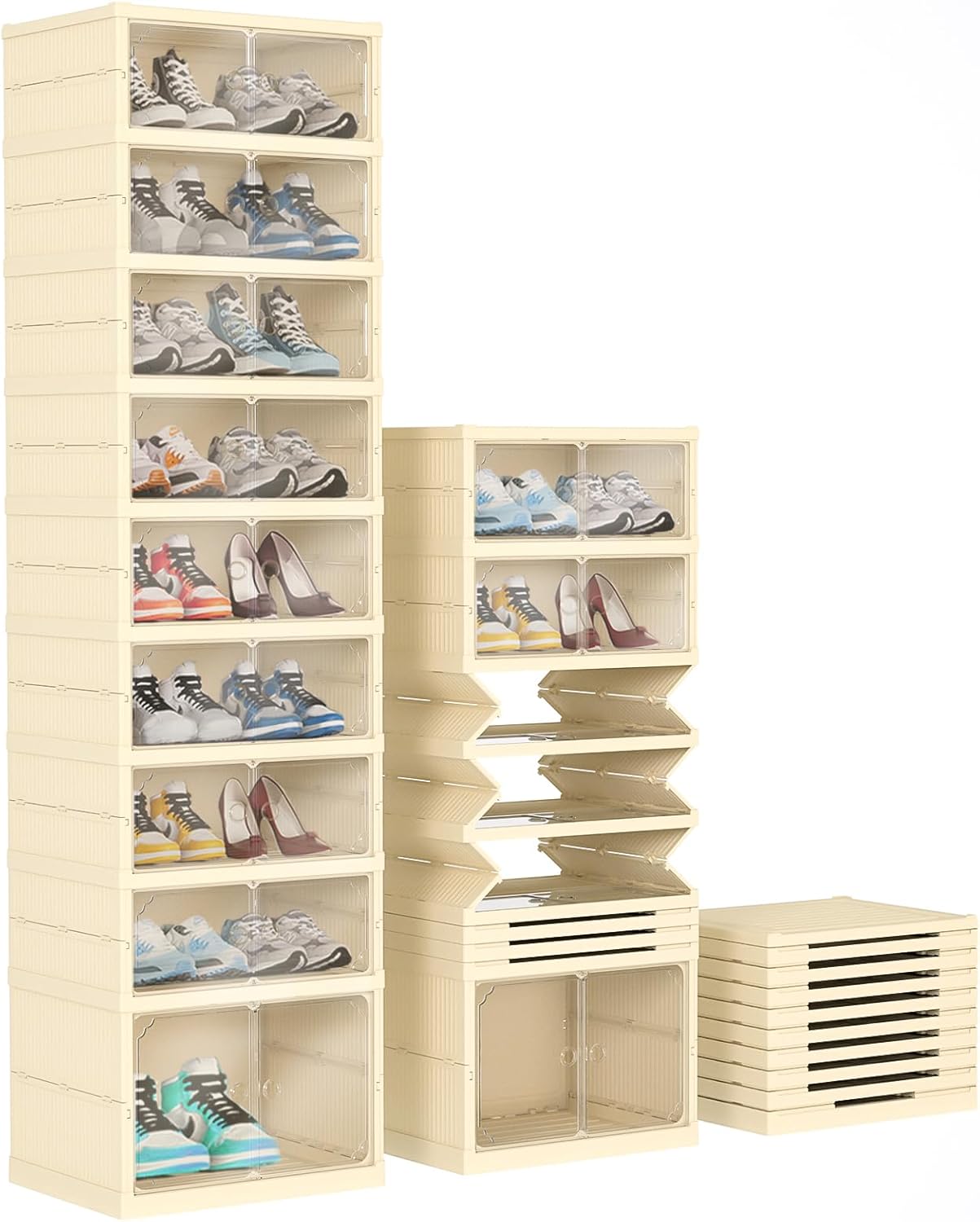 FAHKNS Shoe Storage Box, 9 Tiers Easy Assembly Foldable Plastic Shoe Rack with Clear Door, Stackable Shoe Storage Bins Shoe Organizer for Entryway Closet