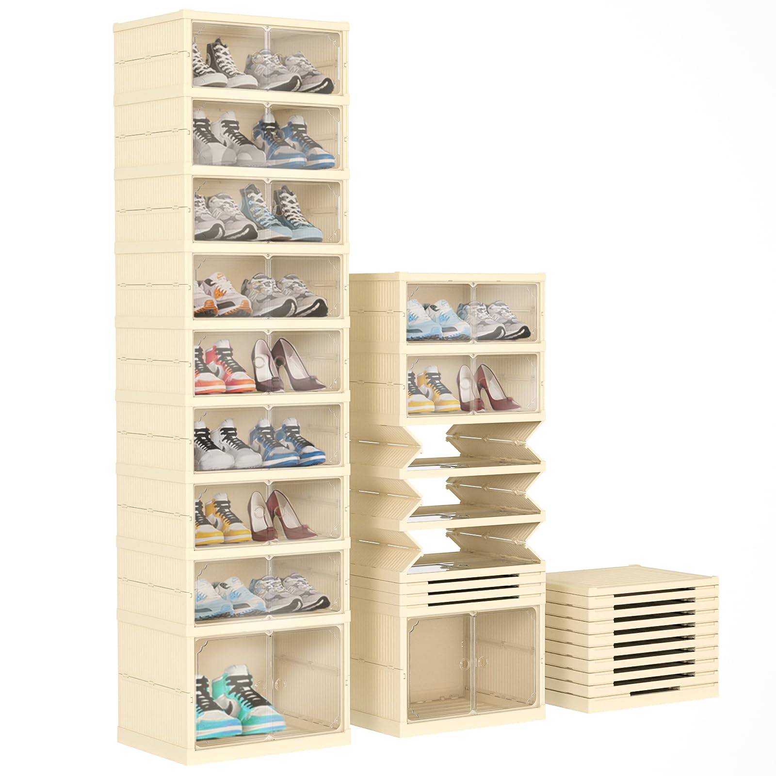 FAHKNS Shoe Storage Box, 9 Tiers Easy Assembly Foldable Plastic Shoe Rack with Clear Door, Stackable Shoe Storage Bins Shoe Organizer for Entryway Closet