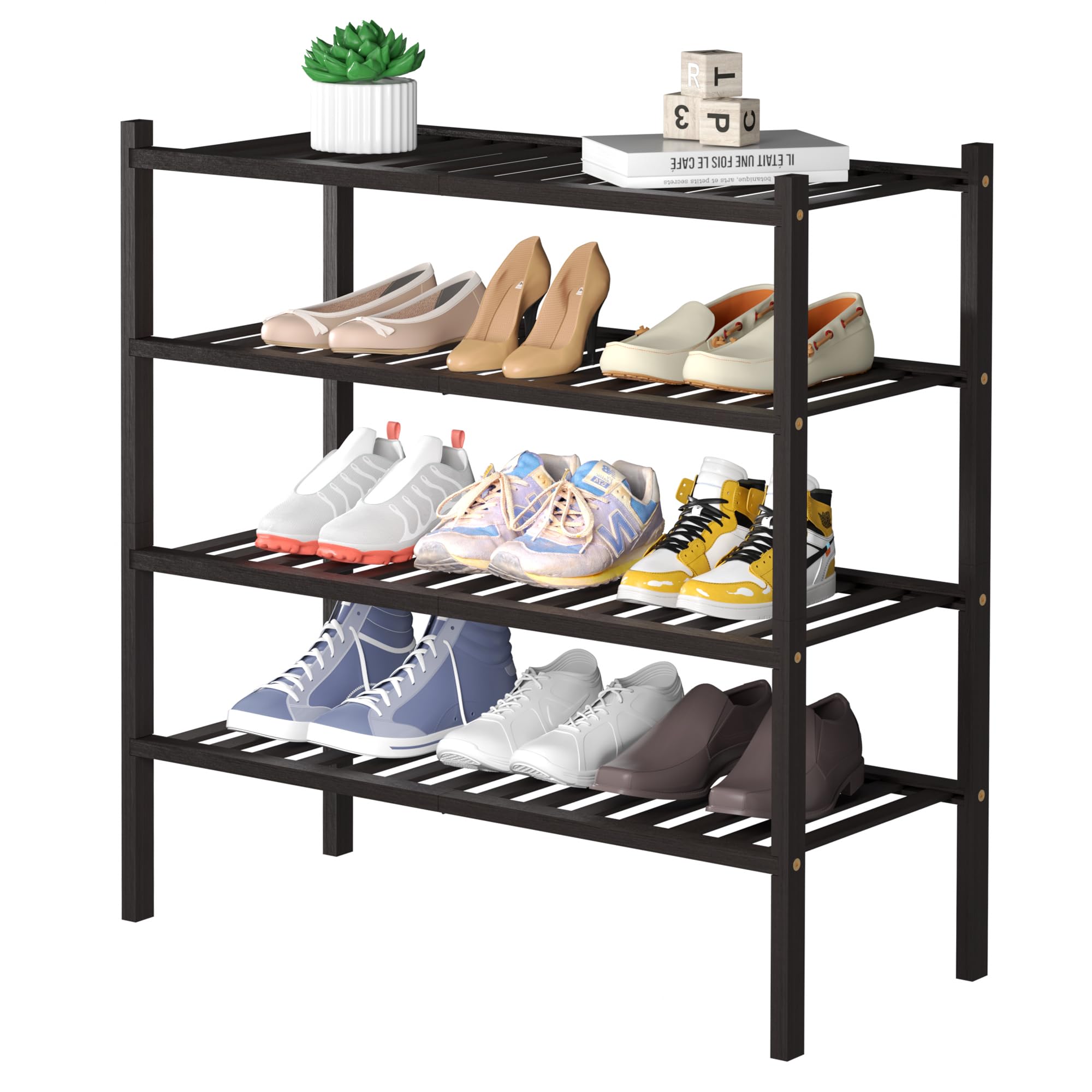 ROMGUAR CRAFT 3 Tier Bamboo Shoe Rack for Closet Free Standing Wood Shoe Shelf Storage Organizer for Entryway Small Space Stackable 27"x11"x20" (Black)