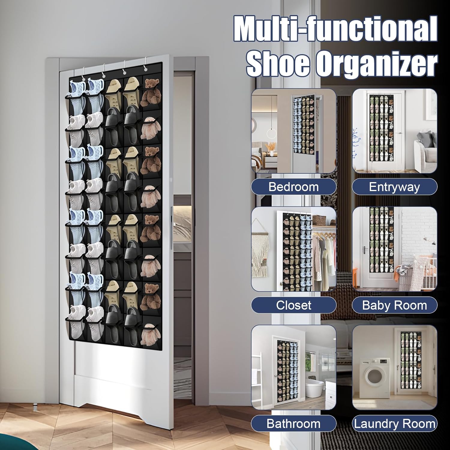 Over the Door Shoe Organizer - 40 Large Breathable Mesh Pockets, Space Saving Hanging Shoe Organizer with Metal Hooks, Hanging Shoe Rack for Men's and Women's Shoes (Black)