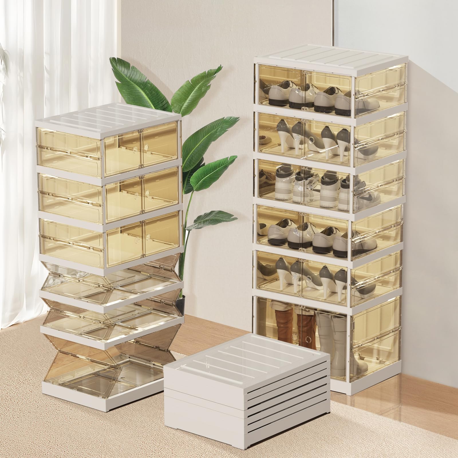 SYNCVIBE Collapsible Shoe Rack Organizer 9 Tiers-36 Pairs Foldable Shoe Cabinet with Doors, Large Plastic Folding Shoe Cabinet, Easy Assembly Shoe Shelves Organizer for Entryway, Living Room