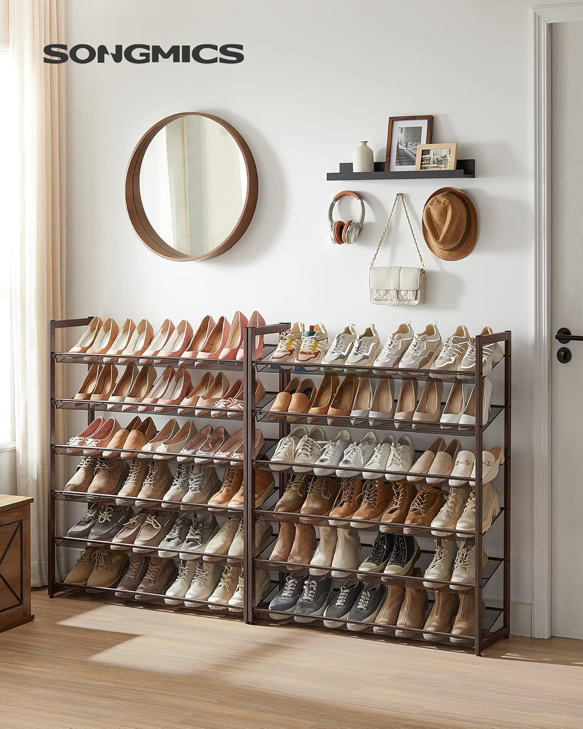 SONGMICS Shoe Rack, 12-Tier Shoe Organizer, Metal Rack for Garage, Set of 2, 6-Tier Stackable Shelf, with Adjustable Flat or Angled Shelves, Holds 48-60 Pairs, Bronze ULMR12A