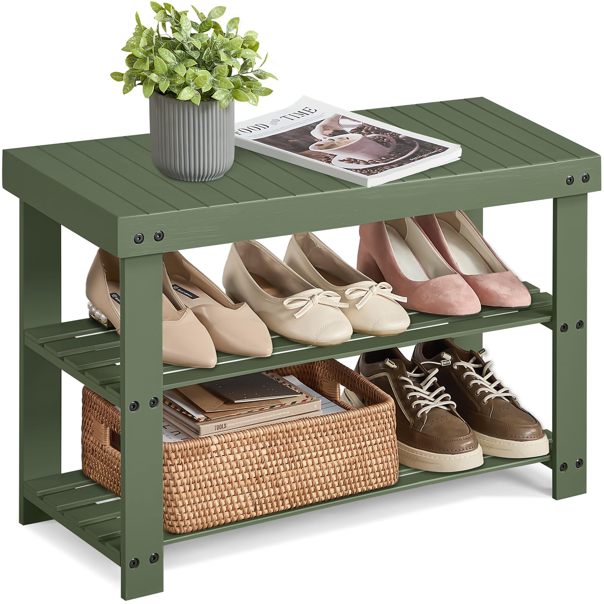 SONGMICS Shoe Rack Bench, 3-Tier Bamboo Shoe Storage Organizer, Entryway Bench, Holds Up to 286 lb, 11.3 x 27.6 x 17.8 Inches, for Entryway Bathroom Bedroom, Brown ULBS04Z