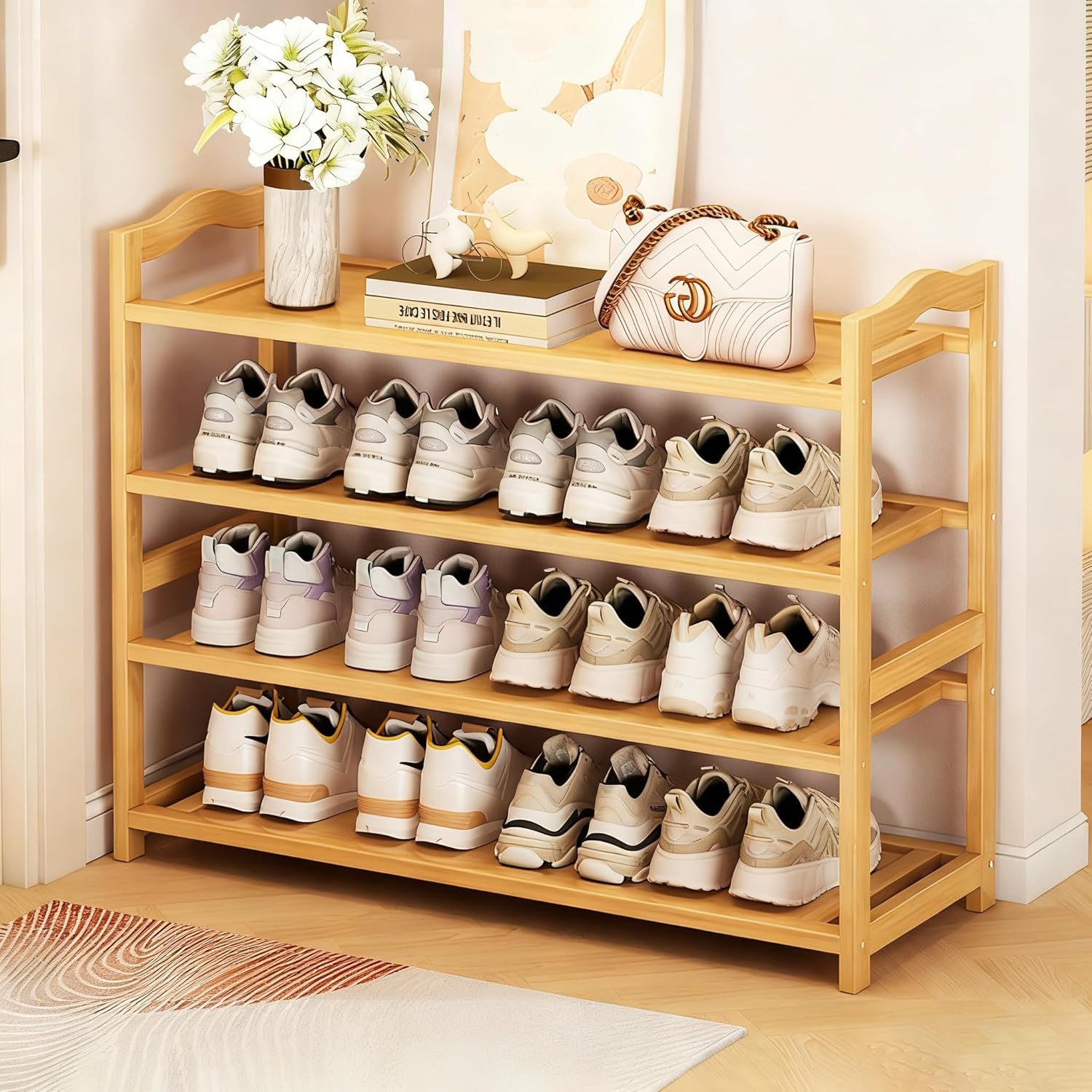 4-Tier Shoe Rack Bamboo Shoe Organizer Free Standing Shoe Storage for Entryway, Closet, Hallway, Bathroom and Living Room, Natural