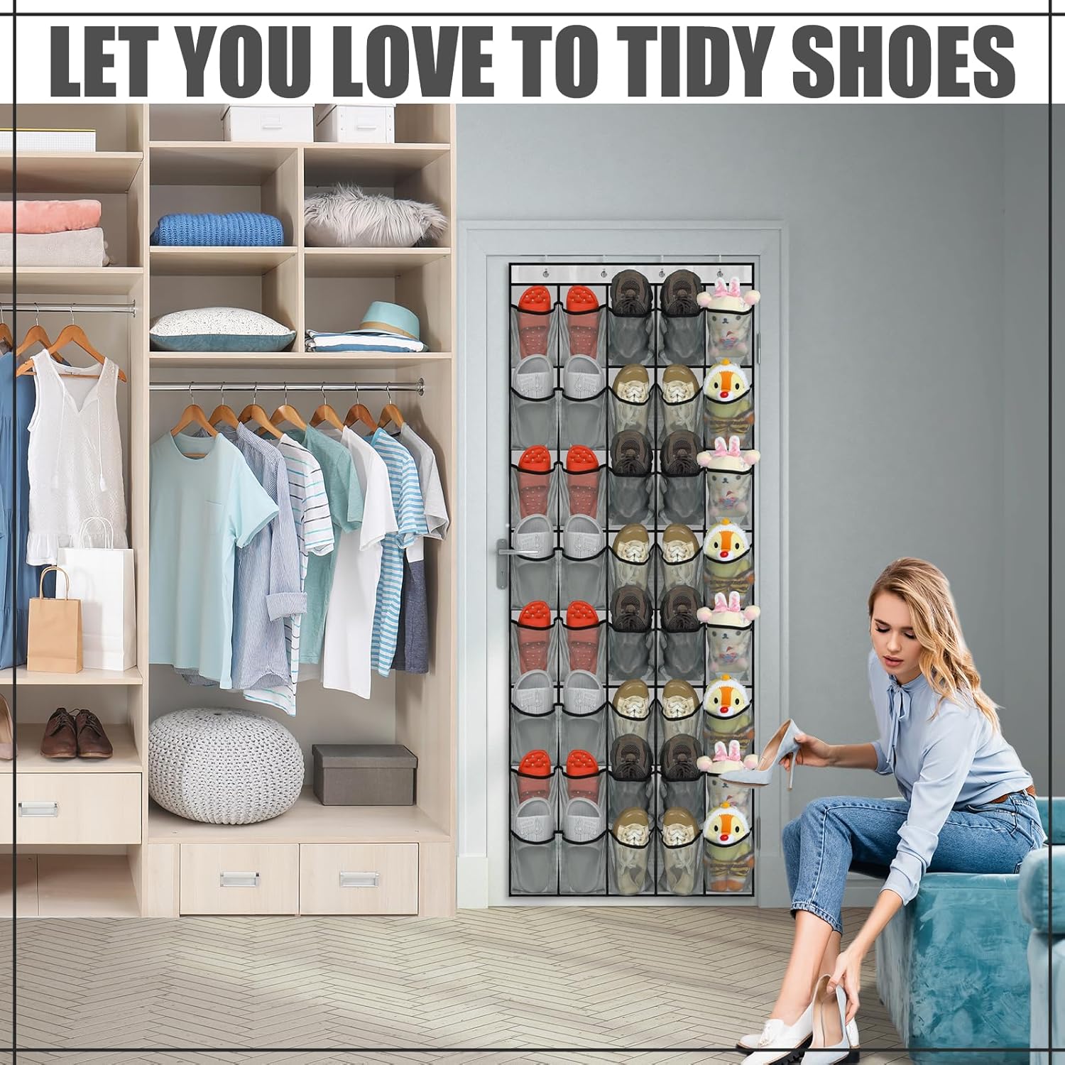 Windyun 40 Over The Door Shoe Organizer, Large Mesh Pocket Hanging Shoe Rack Hanger Large Capacity Gray Behind The Door Storage Holder for Dorm College Closet Entryway Bedroom Utility Room Women Men