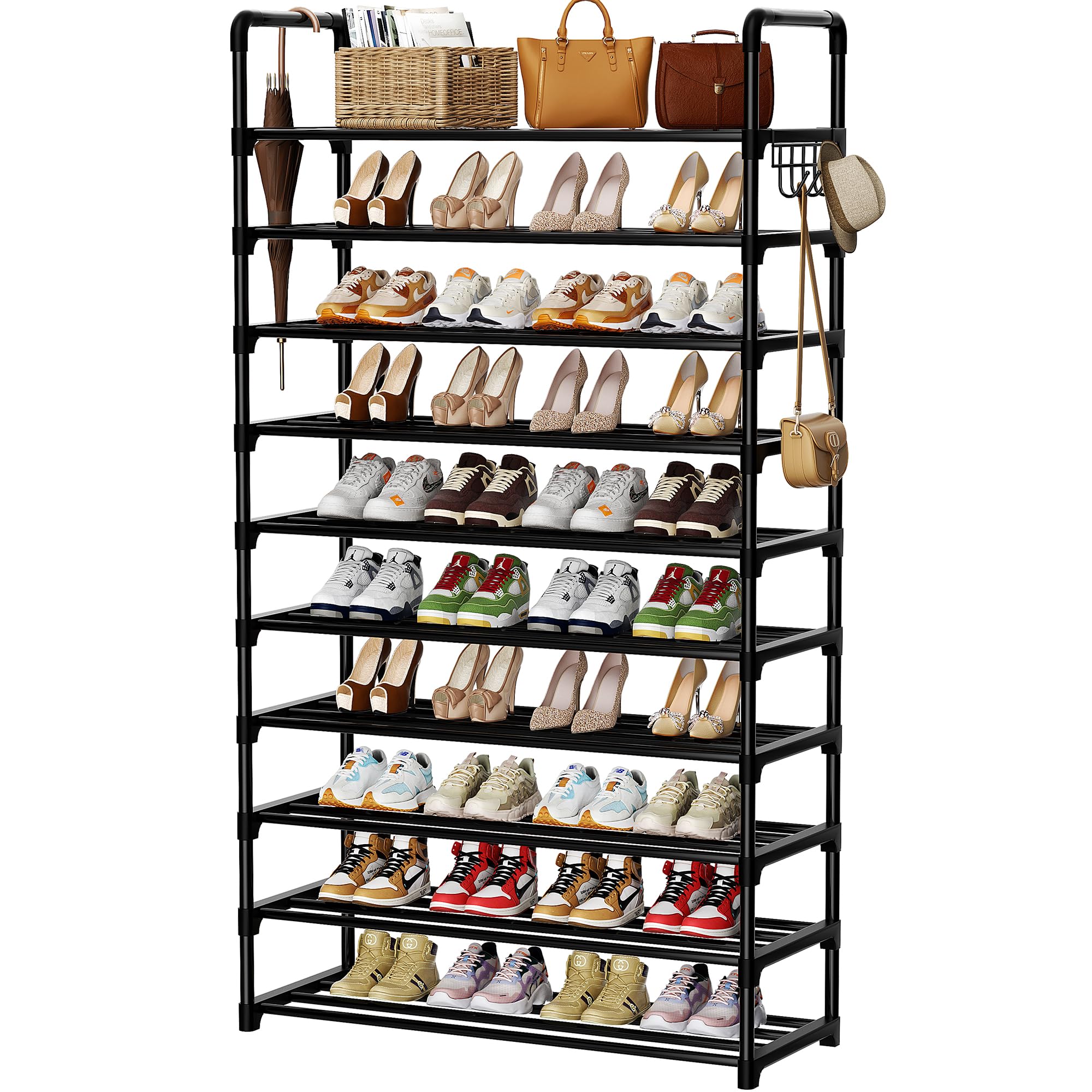 Shoe Rack, 10 Tier Shoe Storage Organizer with Hooks,Fit 40-45 Pairs Shoes,Metal Tall Shoe Shelf for Closet,Entryway, Hallway,Garage,Bedroom,Cloakroom