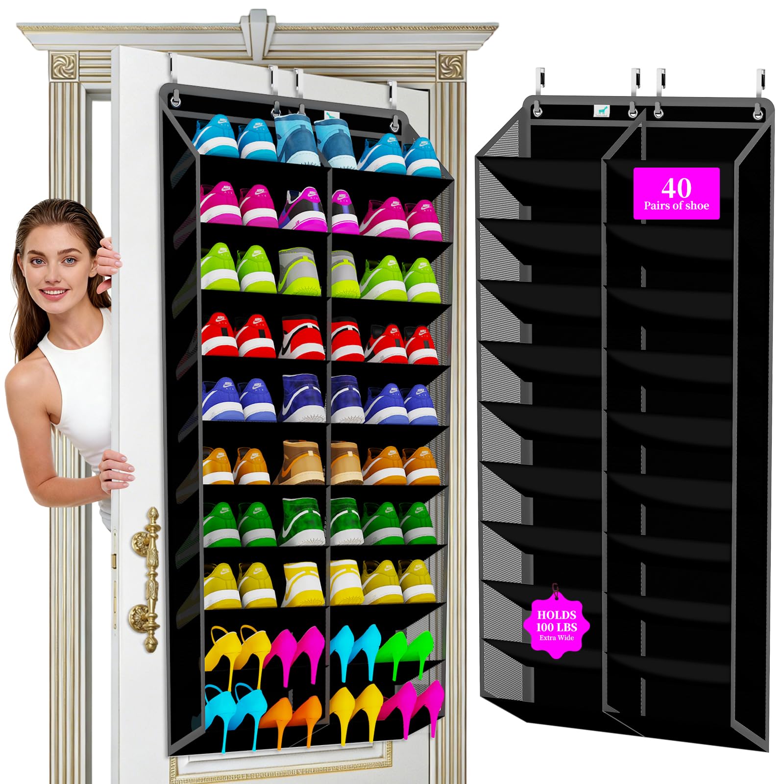 Heavy-Duty, over the door shoe organizer, Extra-Wide Large, shoe organizer, Holds 30 Pairs & Supports 100lbs, shoe rack, with Reinforced Grommets & Bamboo Rods, Fits Men's Size 12 & Boots, Black