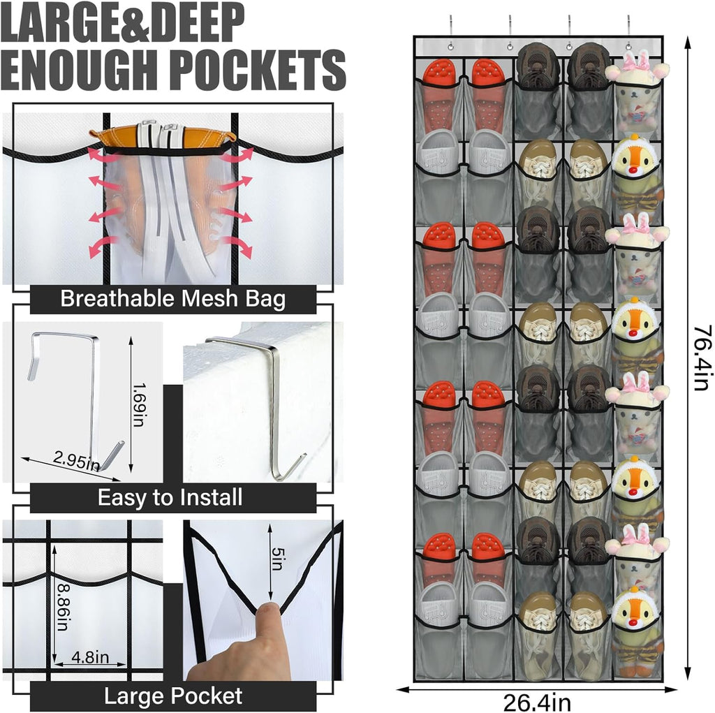 Windyun 40 Over The Door Shoe Organizer, Large Mesh Pocket Hanging Shoe Rack Hanger Large Capacity Gray Behind The Door Storage Holder for Dorm College Closet Entryway Bedroom Utility Room Women Men