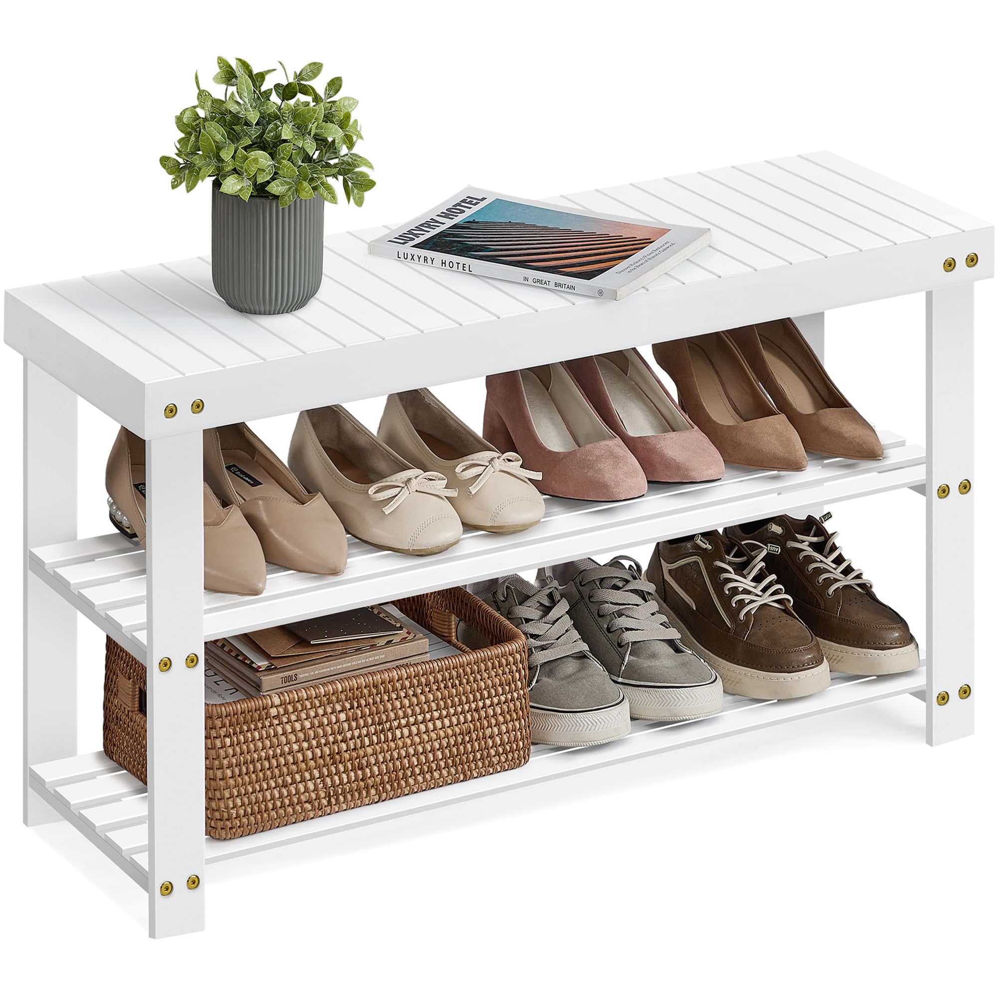 SONGMICS Shoe Rack Bench, 3-Tier Bamboo Shoe Storage Organizer, Entryway Bench, Holds Up to 286 lb, 11.3 x 27.6 x 17.8 Inches, for Entryway Bathroom Bedroom, Brown ULBS04Z