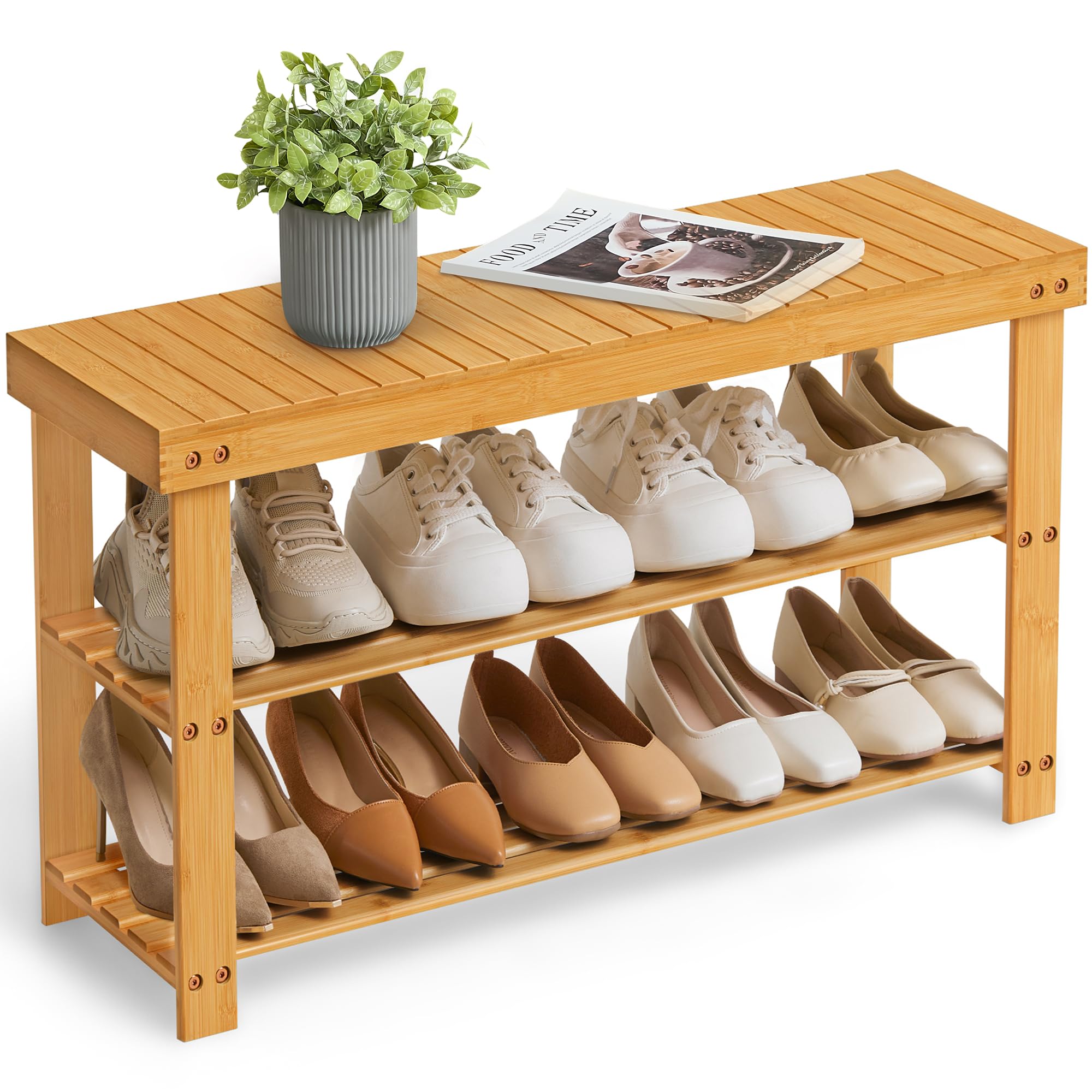 SONGMICS Shoe Rack Bench, 3-Tier Bamboo Shoe Storage Organizer, Entryway Bench, Holds Up to 286 lb, 11.3 x 27.6 x 17.8 Inches, for Entryway Bathroom Bedroom, Brown ULBS04Z