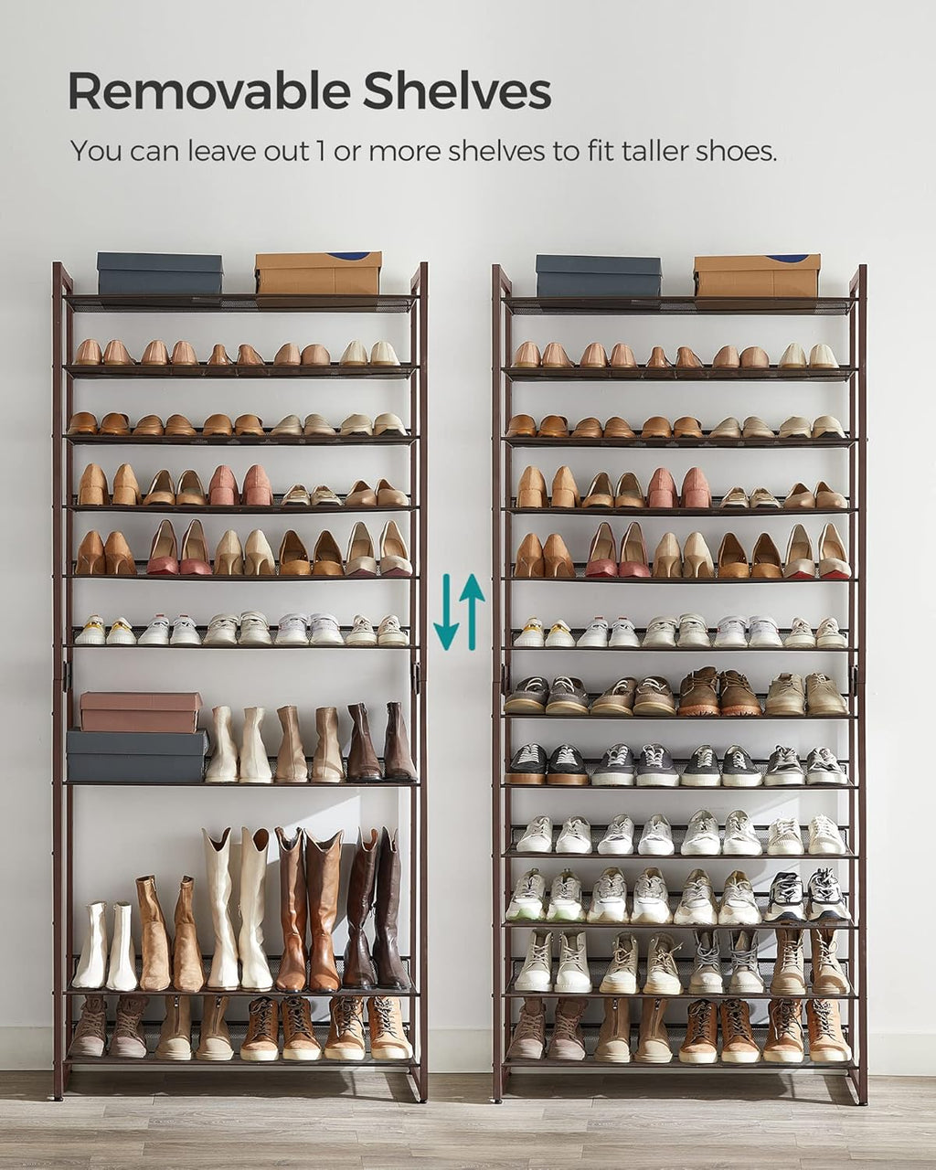 SONGMICS Shoe Rack, 12-Tier Shoe Organizer, Metal Rack for Garage, Set of 2, 6-Tier Stackable Shelf, with Adjustable Flat or Angled Shelves, Holds 48-60 Pairs, Bronze ULMR12A