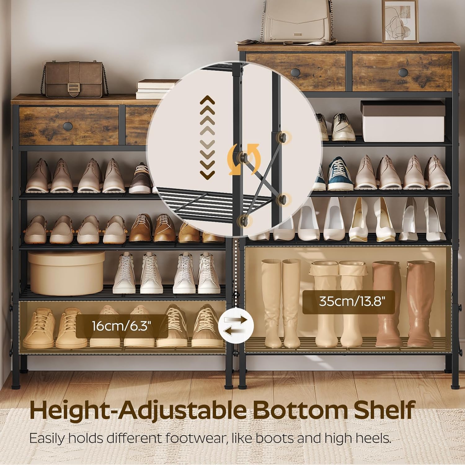 YATINEY 5 Tier Shoe Rack with Adjustable Height (37.4”-44.5”), Shoe Storage Shelf with 2 Non-Woven Drawers, Wooden Shoe Organizer for Entryway, Cloakroom, Rustic Brown and Black SS11BR