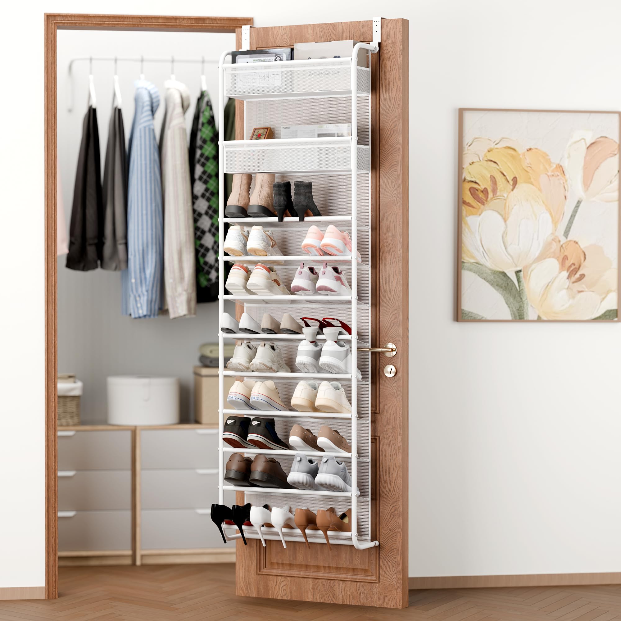 Whitmor 36 Pair Over The Door Shoe Organizer, 12 Tier Hanging Shoe Organizer, Heavy Duty Metal & Mesh Shoe Holder, Hanging Shoe Rack for Closet Organizer & Storage, 69"L x 21.7"W x 7.5"H, Mocha