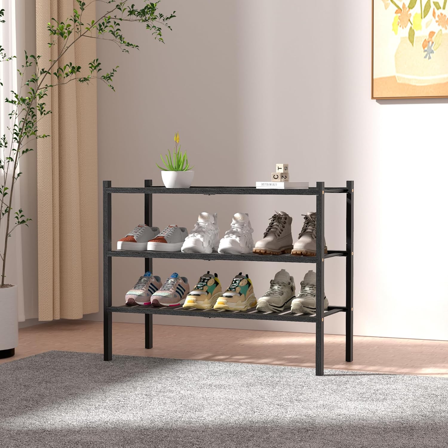 ROMGUAR CRAFT 3 Tier Bamboo Shoe Rack for Closet Free Standing Wood Shoe Shelf Storage Organizer for Entryway Small Space Stackable 27"x11"x20" (Black)