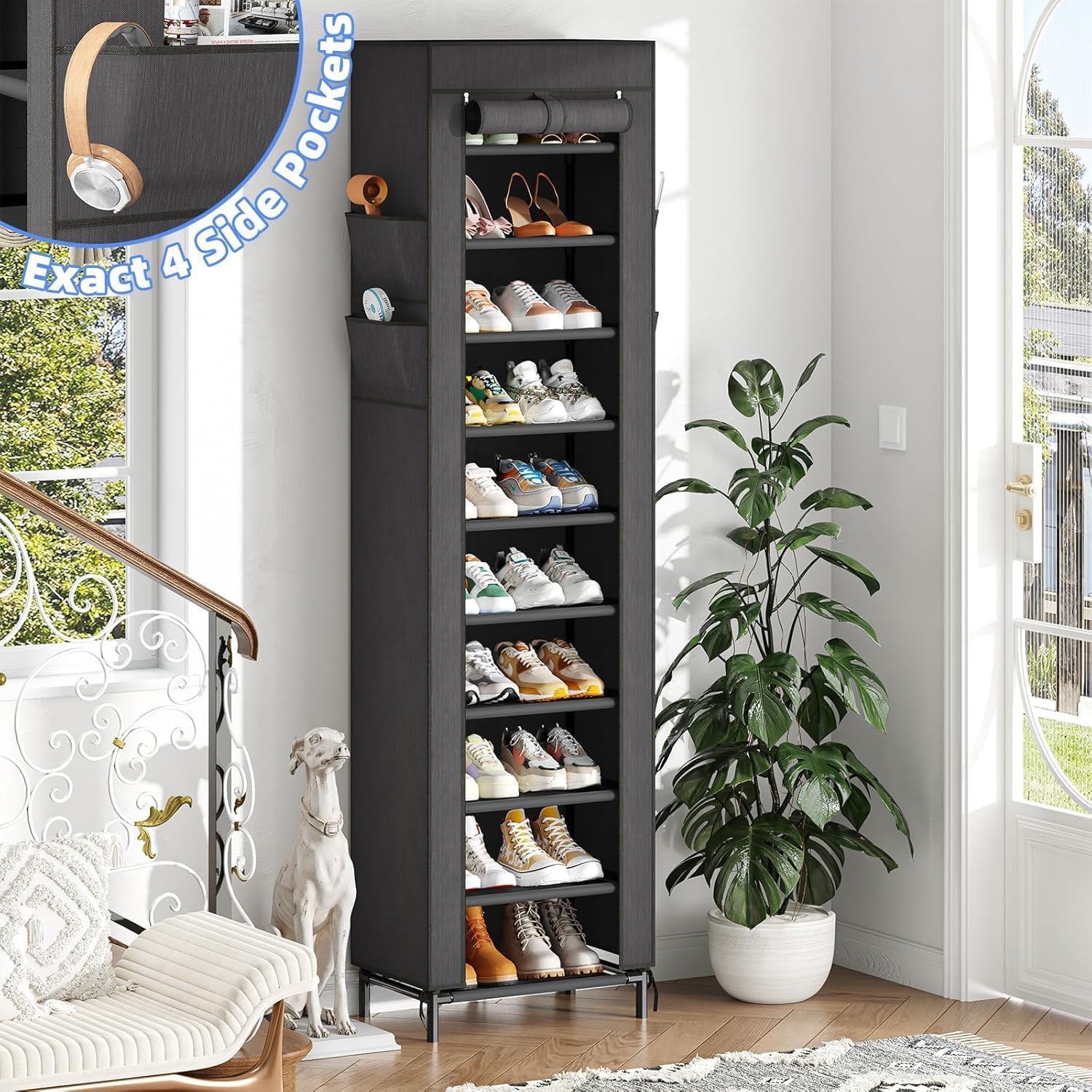 Simple Trending Narrow Shoe Rack with Cover, 10 Tier Shoe Organizer Storage, Tall Free Standing Shoe Cabinet Holds 20 Pairs for Closet, Black