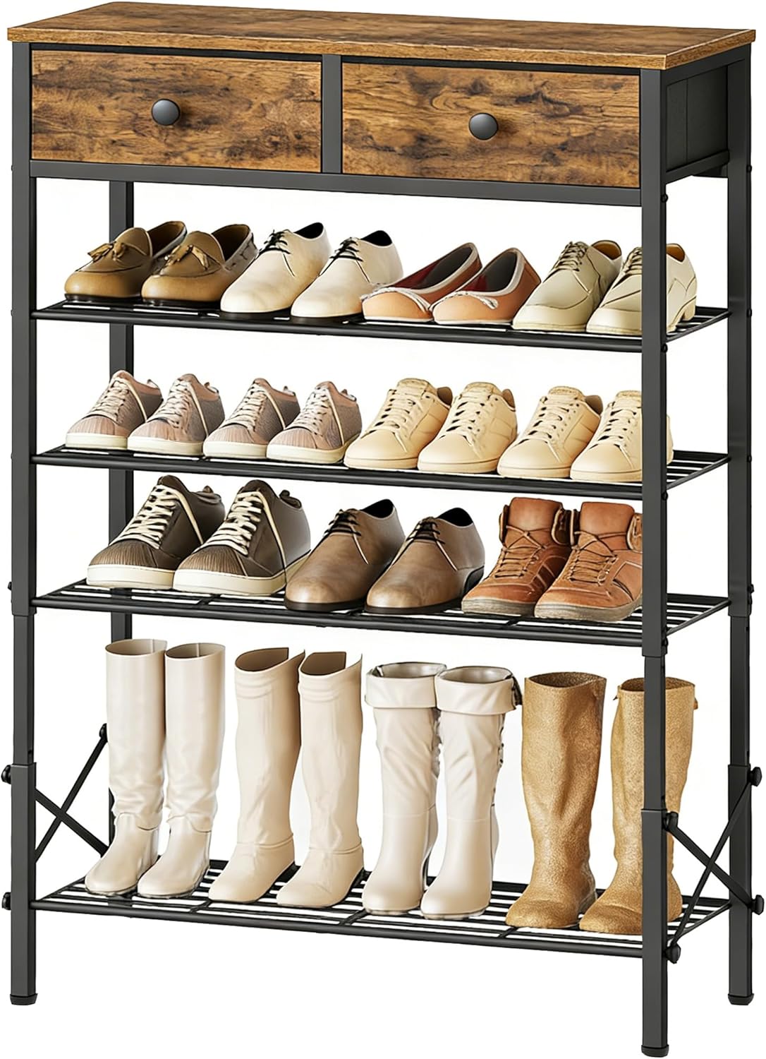 YATINEY 5 Tier Shoe Rack with Adjustable Height (37.4”-44.5”), Shoe Storage Shelf with 2 Non-Woven Drawers, Wooden Shoe Organizer for Entryway, Cloakroom, Rustic Brown and Black SS11BR