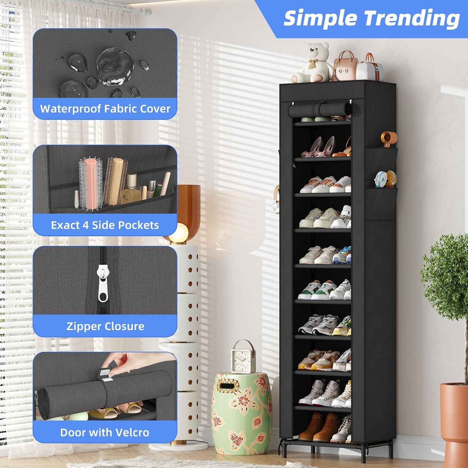 Simple Trending Narrow Shoe Rack with Cover, 10 Tier Shoe Organizer Storage, Tall Free Standing Shoe Cabinet Holds 20 Pairs for Closet, Black