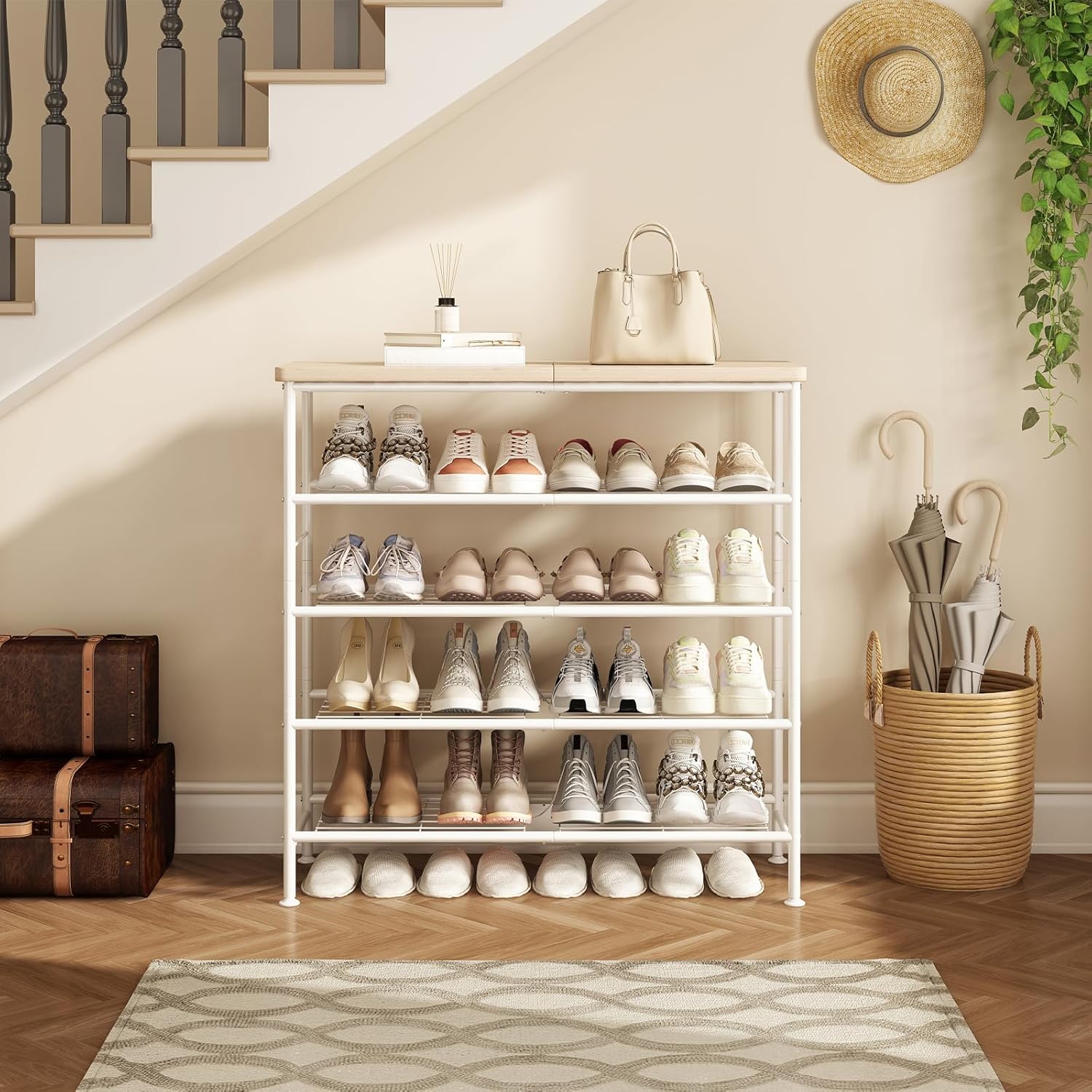 SUOERNUO Shoe Rack Organizer 5 Tier for Closet Entryway Free Standing Metal Storage Shoe Shelf with MDF Top Board，White+Oak