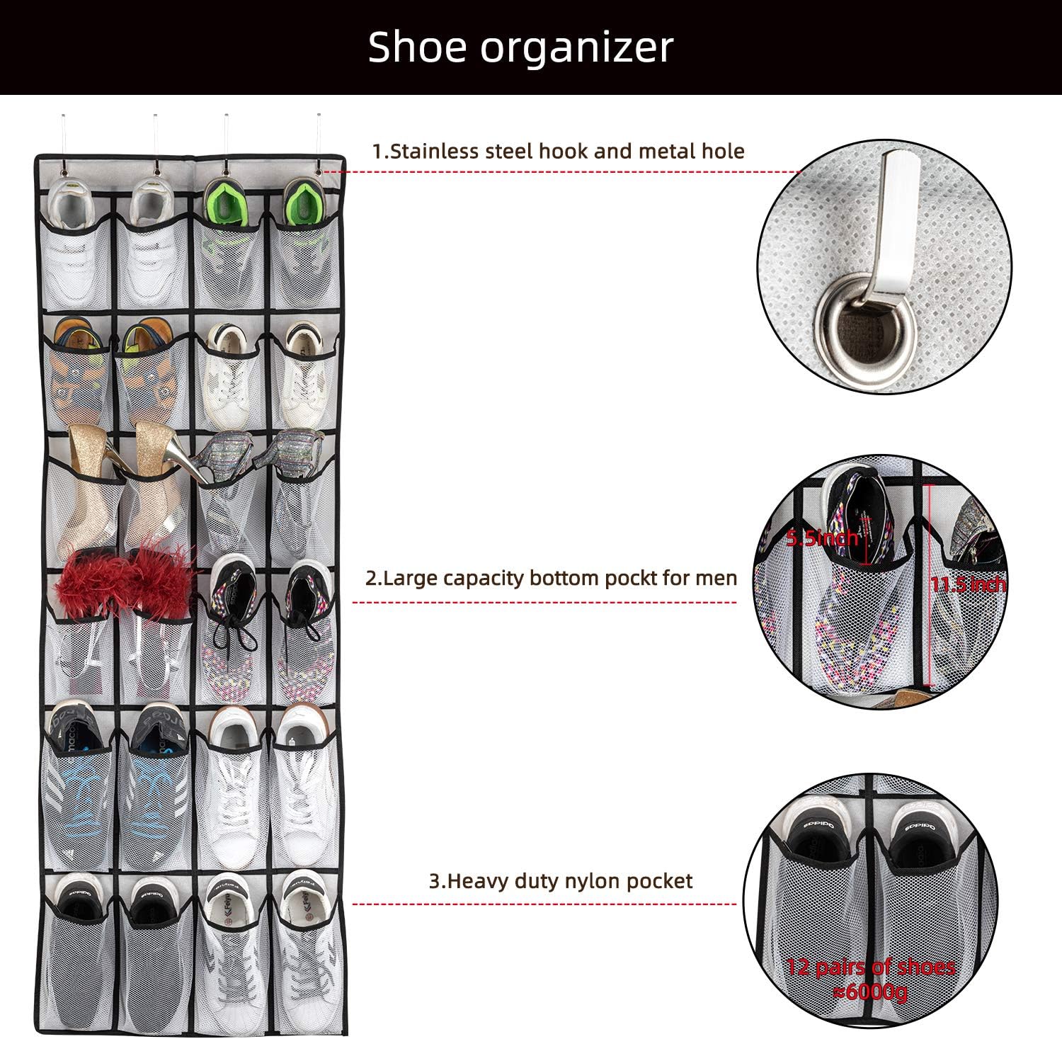 SAVERHO Over the Door Shoe Organizer, Hanging Shoe Organizer with 24 Mesh Large Pockets Door Shoe Rack Organizer for Men Women Kids Hanging Shoe Storage Bag.(White