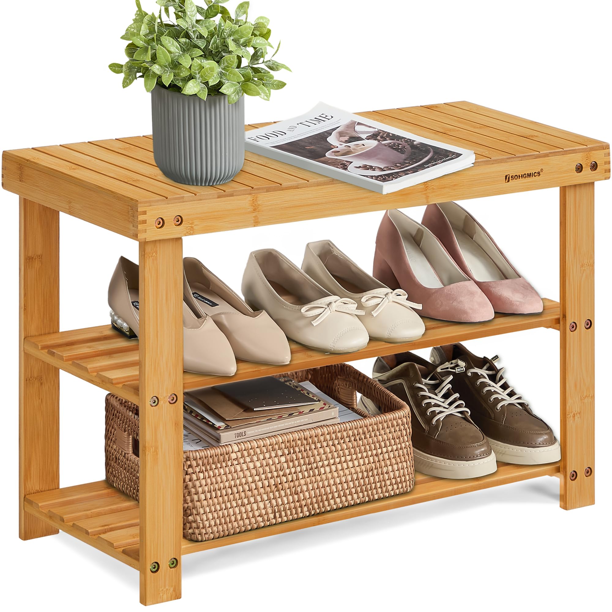 SONGMICS Shoe Rack Bench, 3-Tier Bamboo Shoe Storage Organizer, Entryway Bench, Holds Up to 286 lb, 11.3 x 27.6 x 17.8 Inches, for Entryway Bathroom Bedroom, Brown ULBS04Z